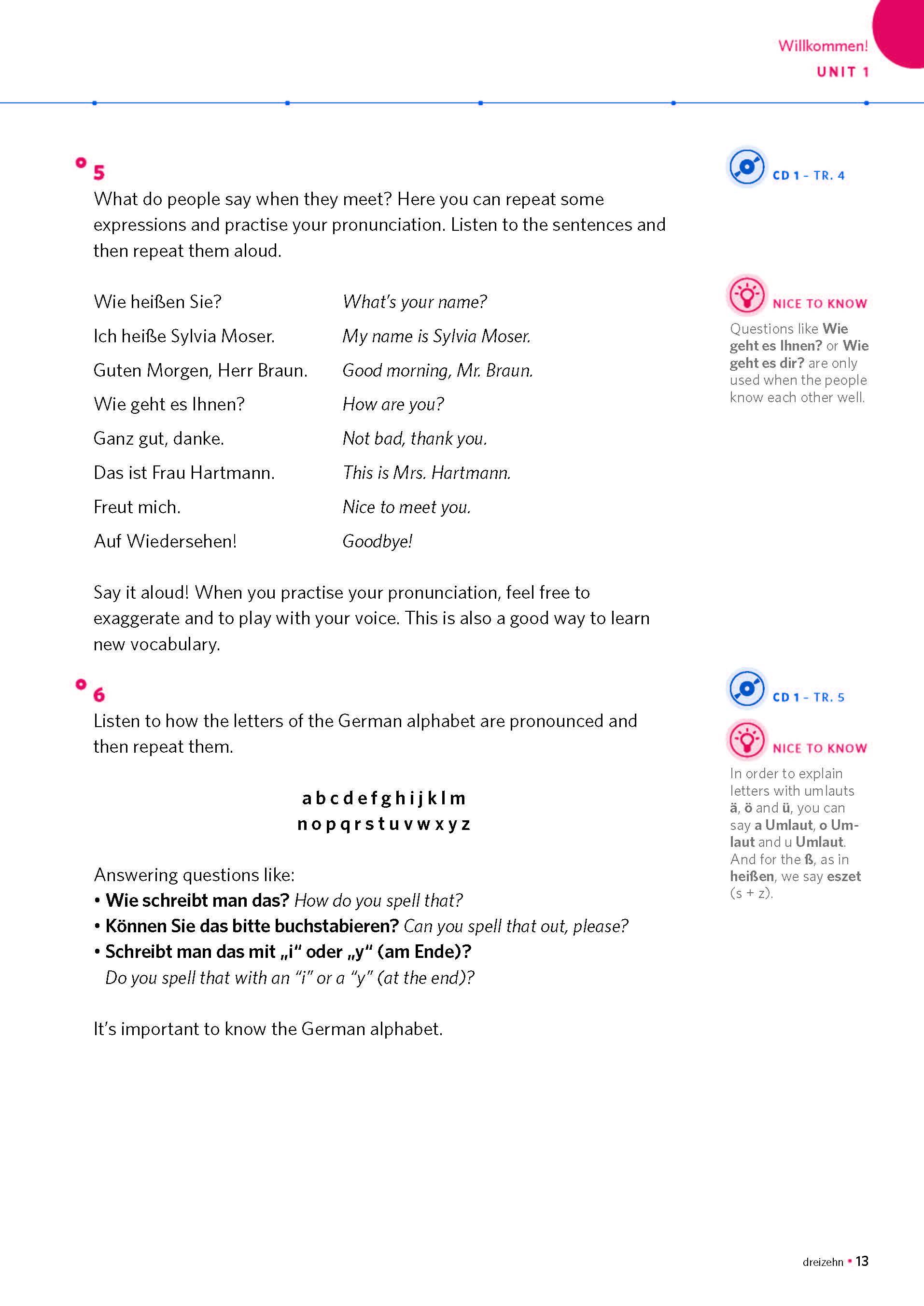 Eine Lehrbuchseite mit deutschen Begrüßungen und Redewendungen mit englischen Übersetzungen, Aussprachetipps, einer Liste der Buchstaben des deutschen Alphabets und Anleitungen für Konversationsübungen.