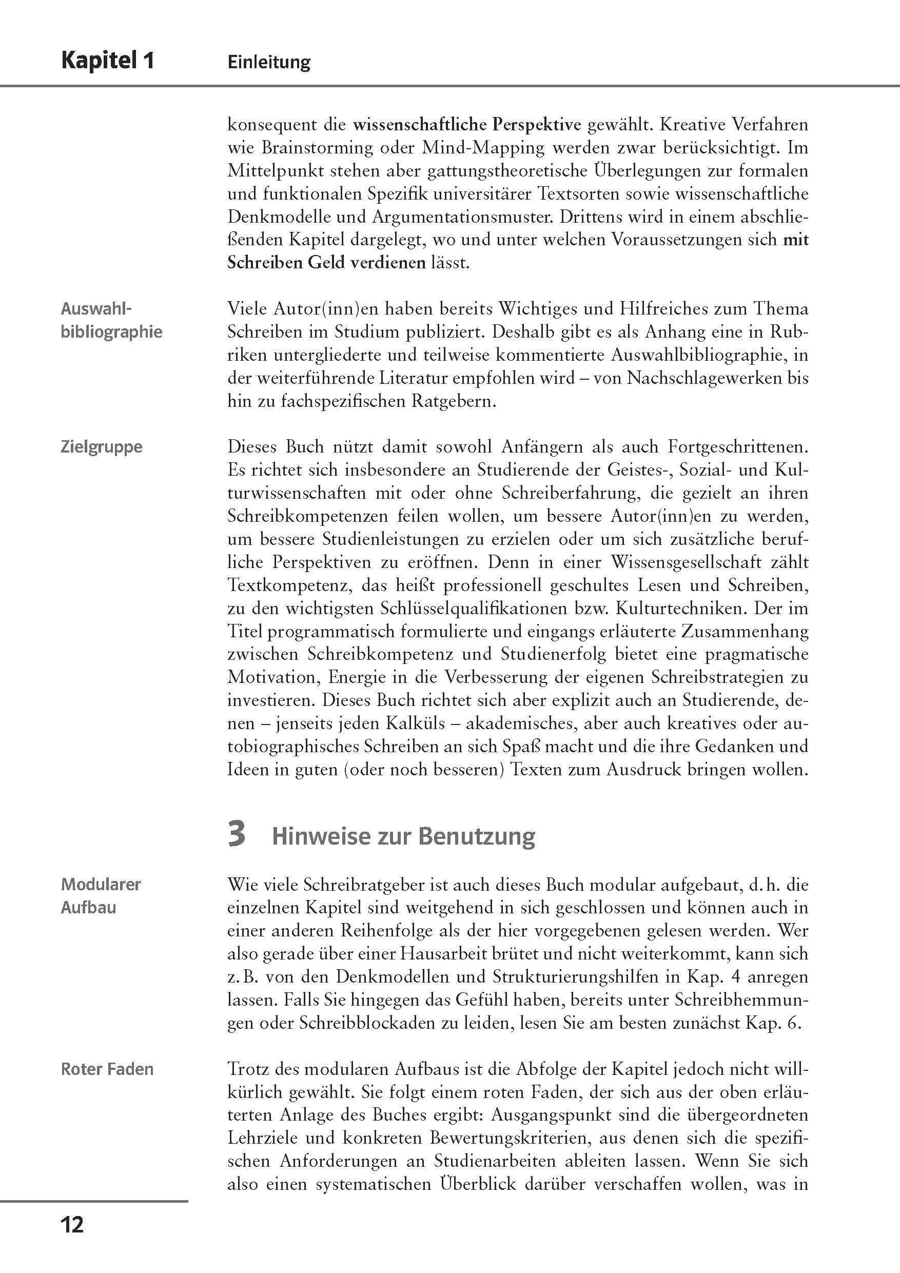 Eine Lehrbuchseite in deutscher Sprache mit Abschnitten mit den Titeln Auswahlbibliographie, Zielgruppe und Roter Faden, einschließlich Textabschnitten unter jeder Überschrift und der Seitenzahl 12 am unteren Rand.