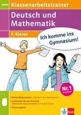 Umschlag eines Deutsch-Arbeitsheftes für die 3. Klasse zu Deutsch und Mathe, das zwei Kinder und den Text Ich komme ins Gymnasium! mit hellen, farbenfrohen Gestaltungselementen zeigt.
