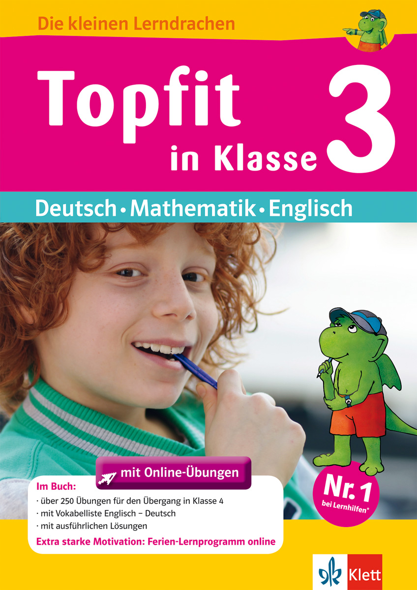 Ein lächelndes Kind mit lockigem Haar zeigt den Daumen nach oben. Der Umschlagtext wirbt für ein Arbeitsheft für die 3. Klasse in Deutsch, Mathematik und Englisch mit einem Zeichentrickdrachen und Hinweisen auf Online-Übungen.