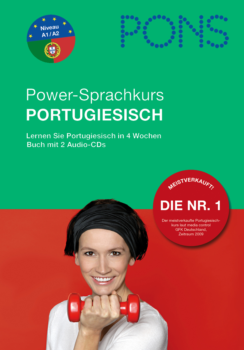 Power-Sprachkurs - Portugiesisch Umschlag eines Buches für einen Portugiesischkurs in deutscher Sprache mit einer lächelnden Frau mit Stirnband, die rote Hanteln stemmt, mit Kursangaben und einem Bestseller-Abzeichen in kreisförmigen Überlagerungen.