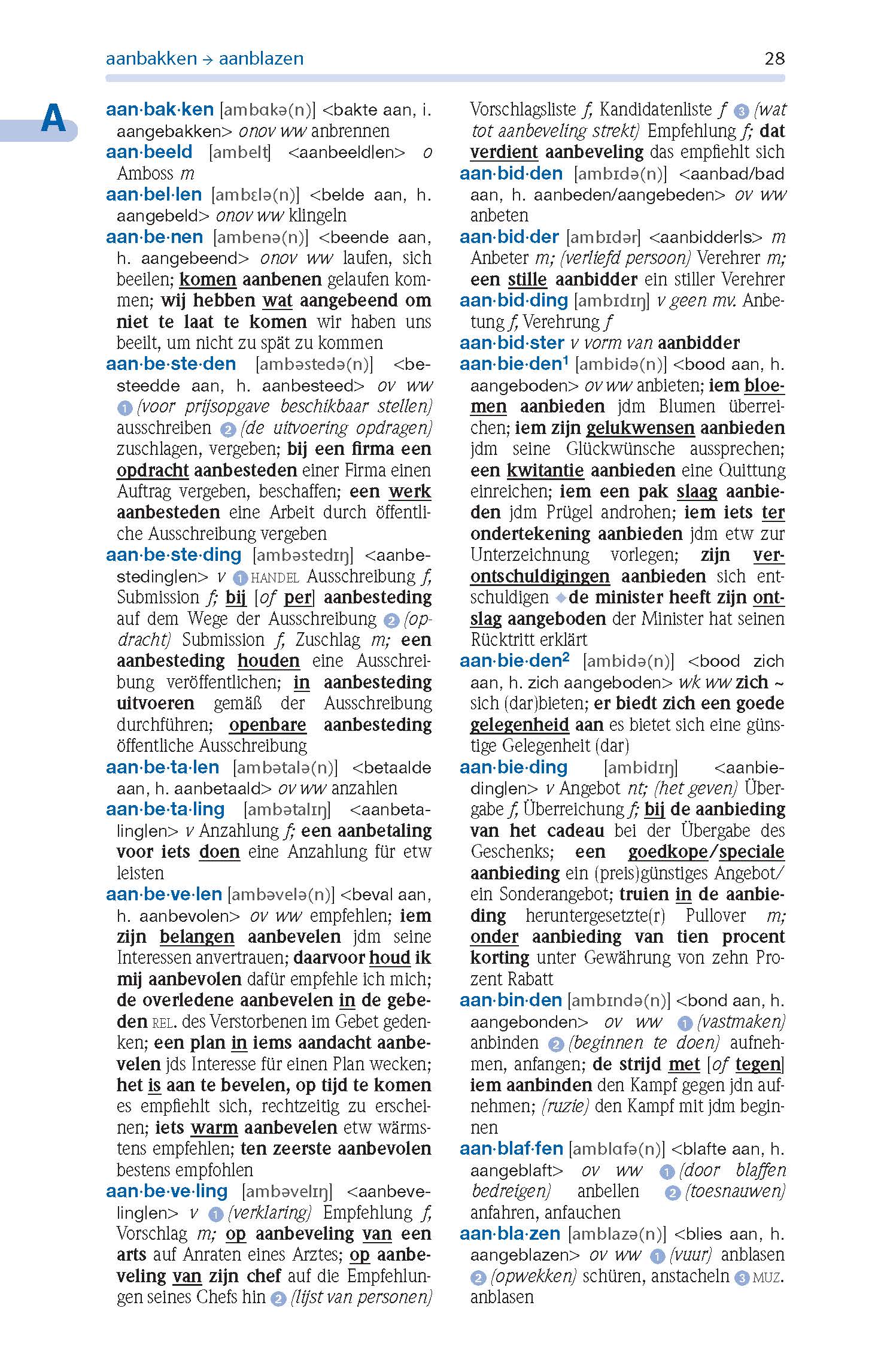 Eine Wörterbuchseite in Niederländisch mit Wörtern, die mit aanb- beginnen, mit Definitionen, Beispielsätzen und grammatikalischen Details in schwarzem, blauem und grauem Text.