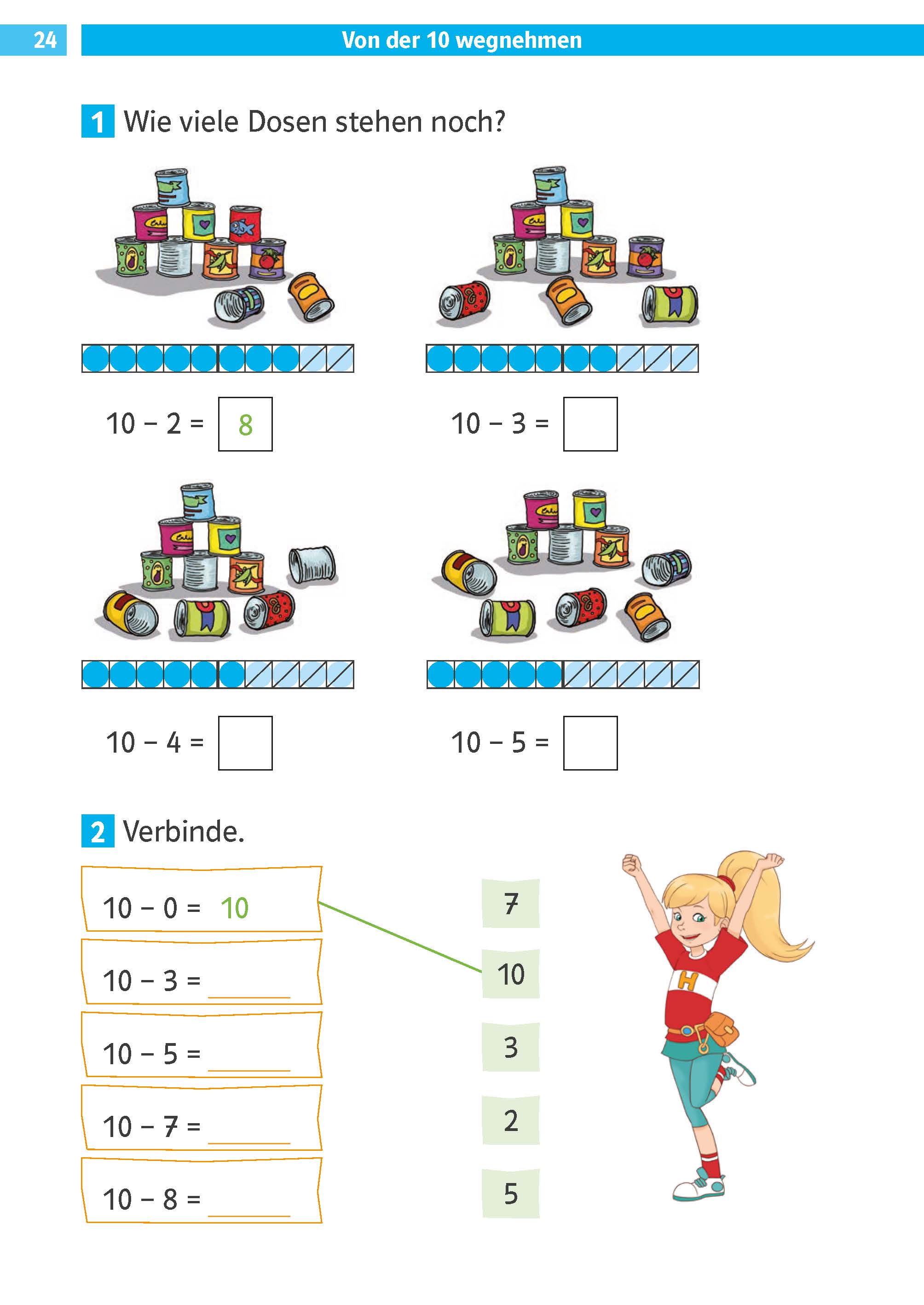 Ein Mathematik-Arbeitsblatt mit Illustrationen von gestapelten Dosen, Subtraktionsaufgaben und einem springenden Mädchen; die Schüler lösen Gleichungen, indem sie Dosen entfernen und Linien zur richtigen Antwort ziehen.