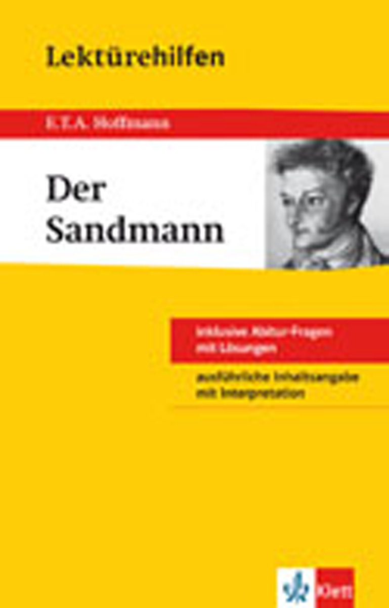 Buchumschlag von Der Sandmann von E.T.A. Hoffmann mit einem Schwarz-Weiß-Porträt des Autors auf gelbem und rotem Hintergrund mit deutschem Text.