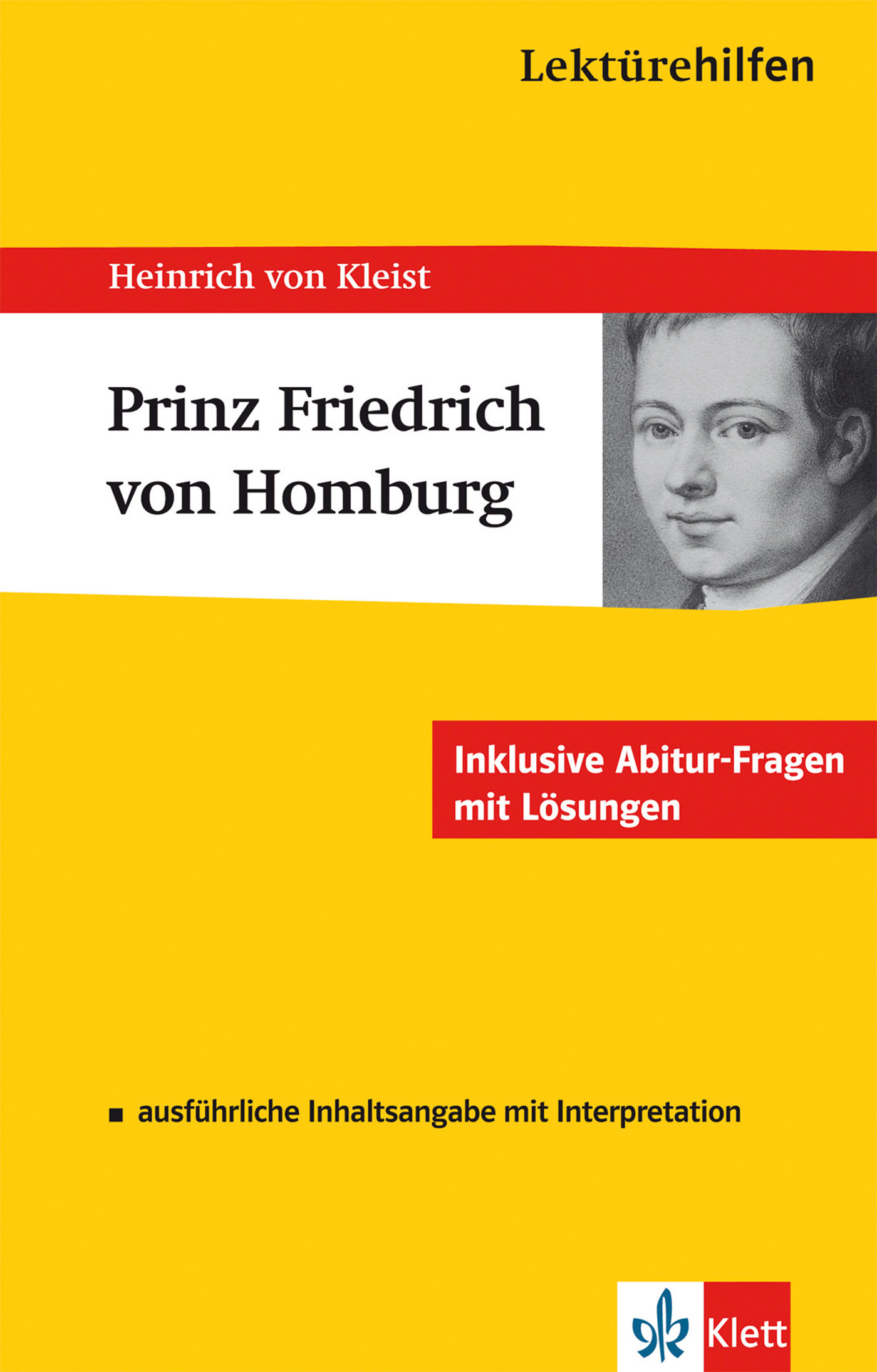 Umschlag eines Studienführers für Prinz Friedrich von Homburg von Heinrich von Kleist, mit dem Porträt des Autors und einem Text zu Prüfungsfragen und Interpretationen.