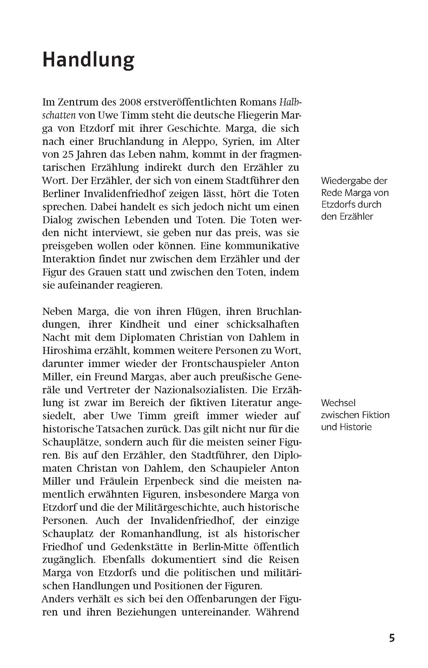 Eine Seite aus einem deutschen Buch enthält einen Abschnitt mit der Überschrift Handlung, in dem die Handlung beschrieben wird, sowie Randnotizen, die Themen wie Wiedergabe der Redeform des Erzählers und Wechsel der Perspektive zusammenfassen.
