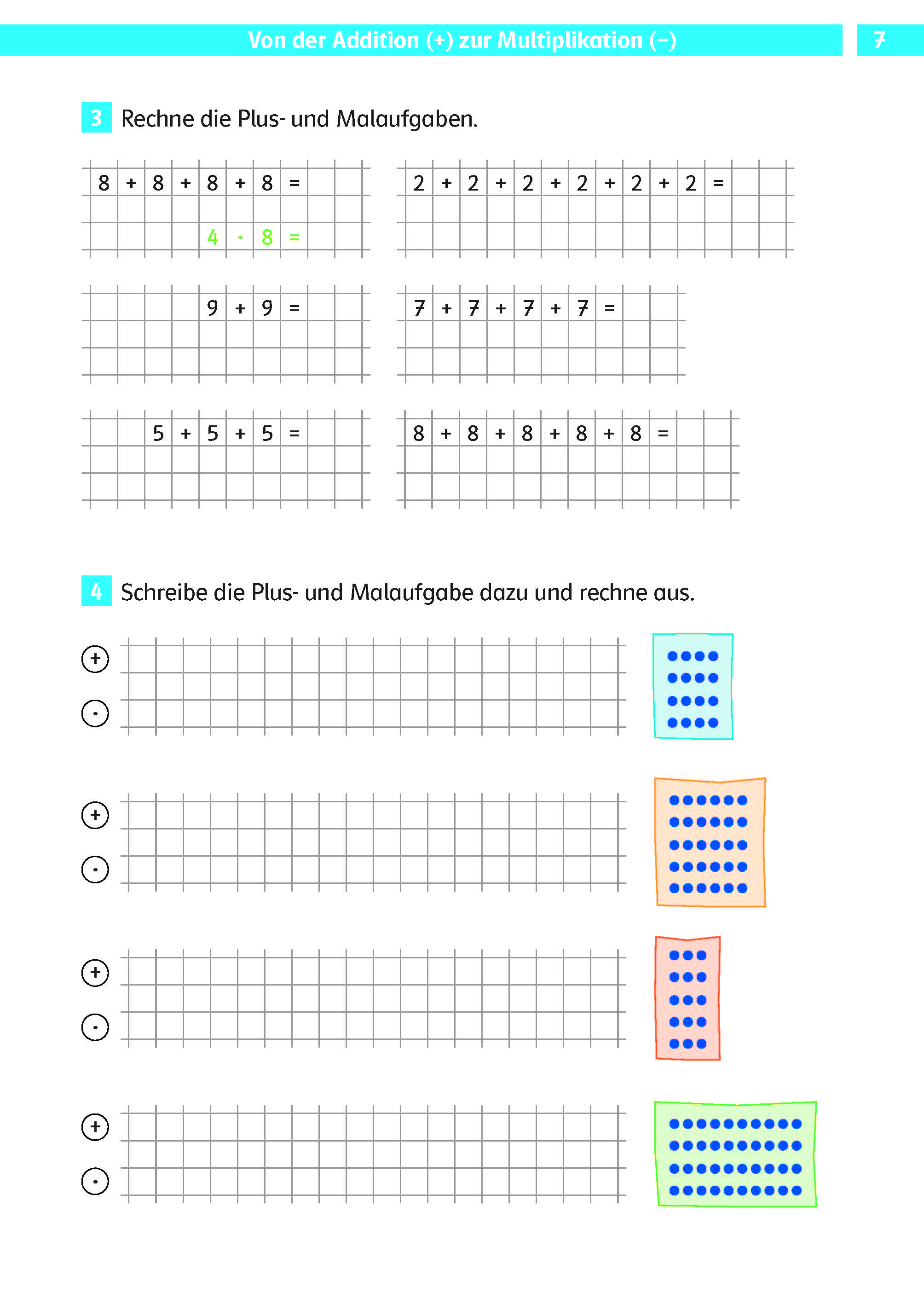 Ein Arbeitsblatt mit Gittern mit Additions- und Multiplikationsaufgaben, gefolgt von leeren Gittern und Bildern von Punktfeldern für weitere mathematische Übungen.