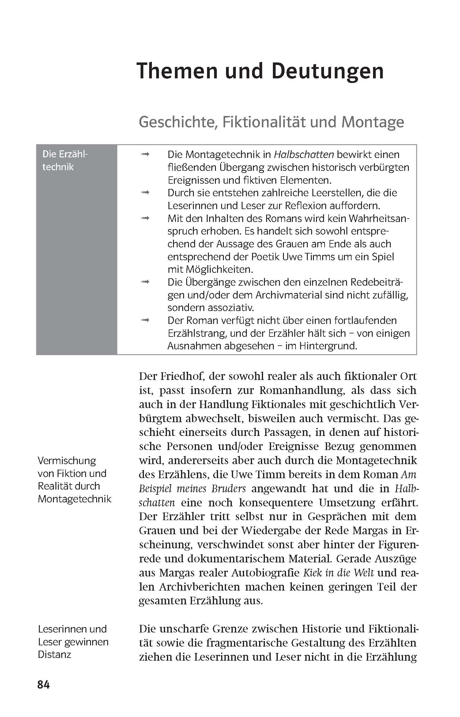 Auf einer deutschen Lehrbuchseite werden Erzähltechniken, Fiktion und Montage erörtert, mit Aufzählungspunkten und einem hervorgehobenen Abschnitt zum Erzählstil neben dem Haupttextblock.