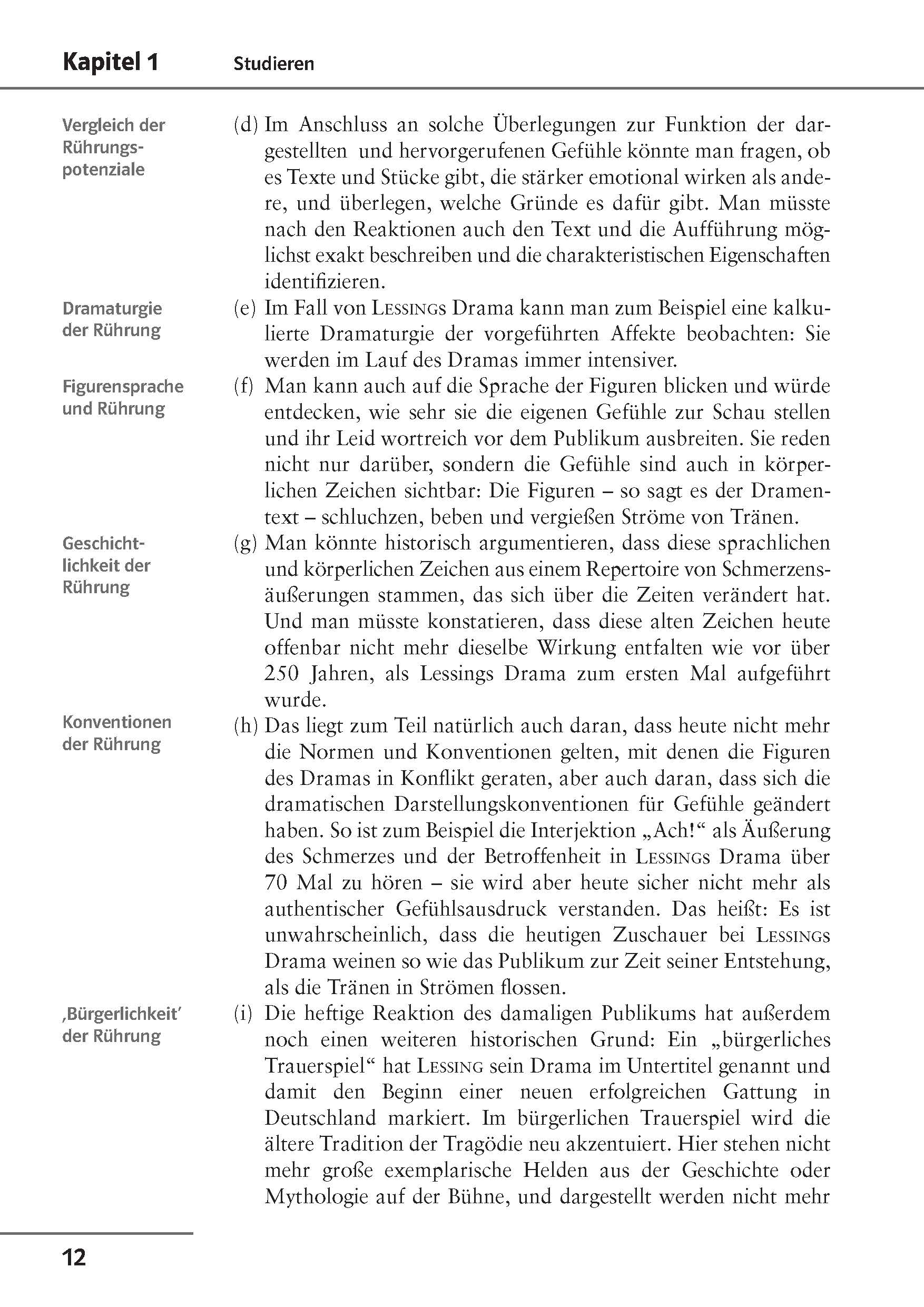 Auf einer Lehrbuchseite in deutscher Sprache werden Themen wie das emotionale Potenzial des Dramas, dramatische Techniken und Konventionen mit Überschriften und Absatztext erörtert. Die Seitenzahl 12 befindet sich am unteren Rand.