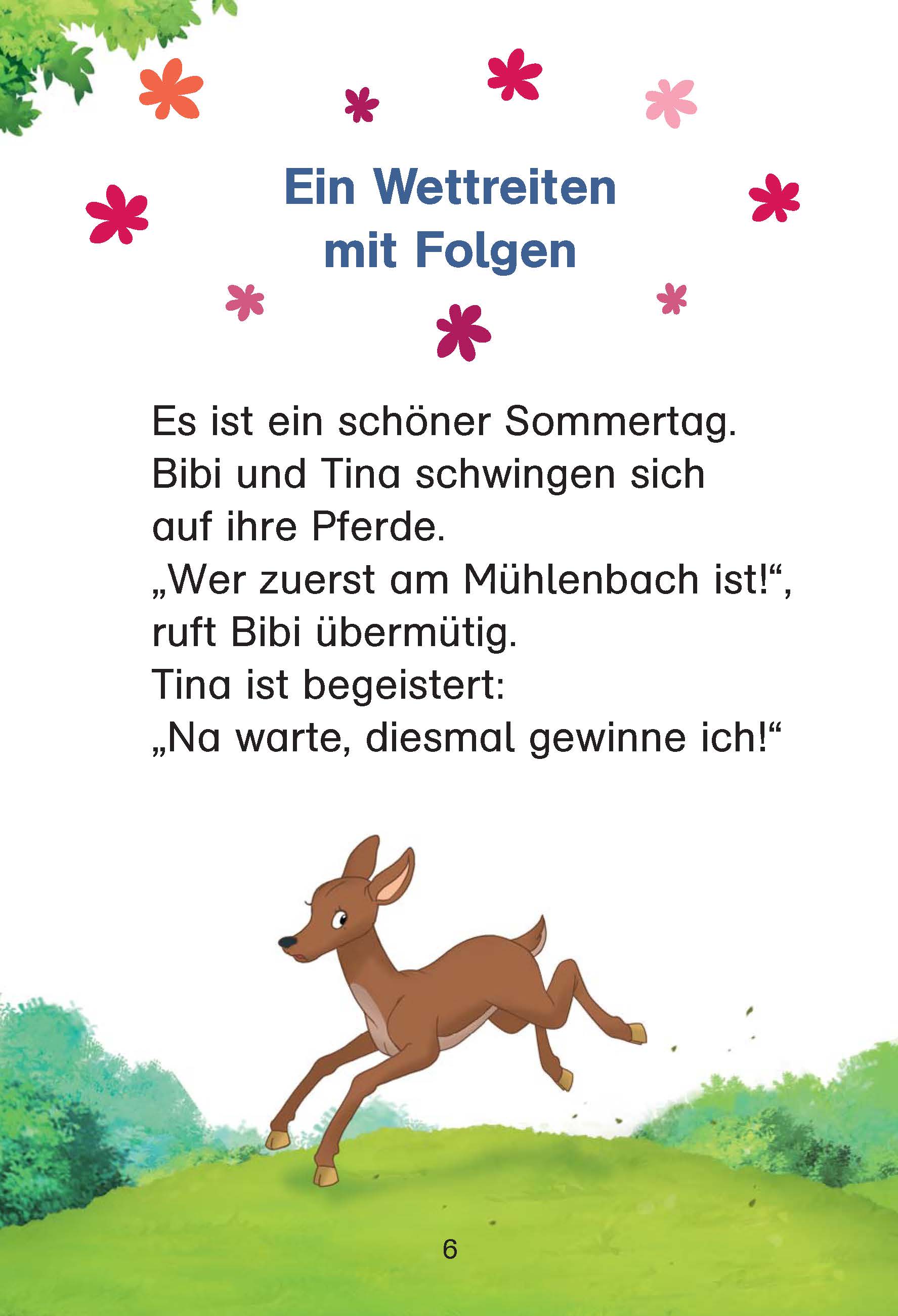 Ein Rehkitz läuft im Gras vor Büschen und Bäumen unter einem blauen Himmel mit rosa Blumen, daneben ein deutscher Text aus einem Kinderbuch.