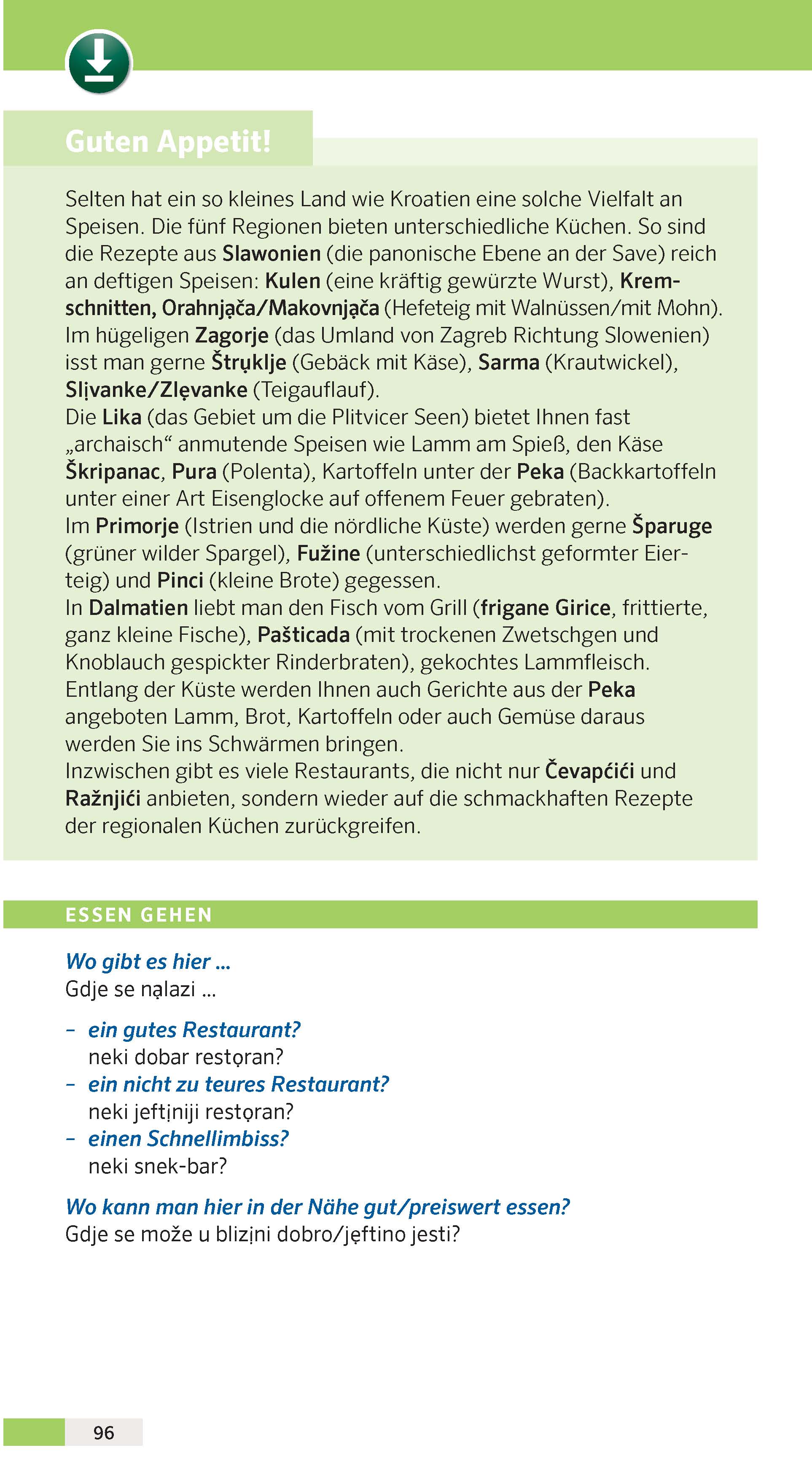 Ein deutscher Textblock, der verschiedene traditionelle Speisen und Gerichte aus verschiedenen Regionen Kroatiens beschreibt, wobei der Schwerpunkt auf Spezialitäten in der Nähe von Zagreb und den Plitvicer Seen liegt.