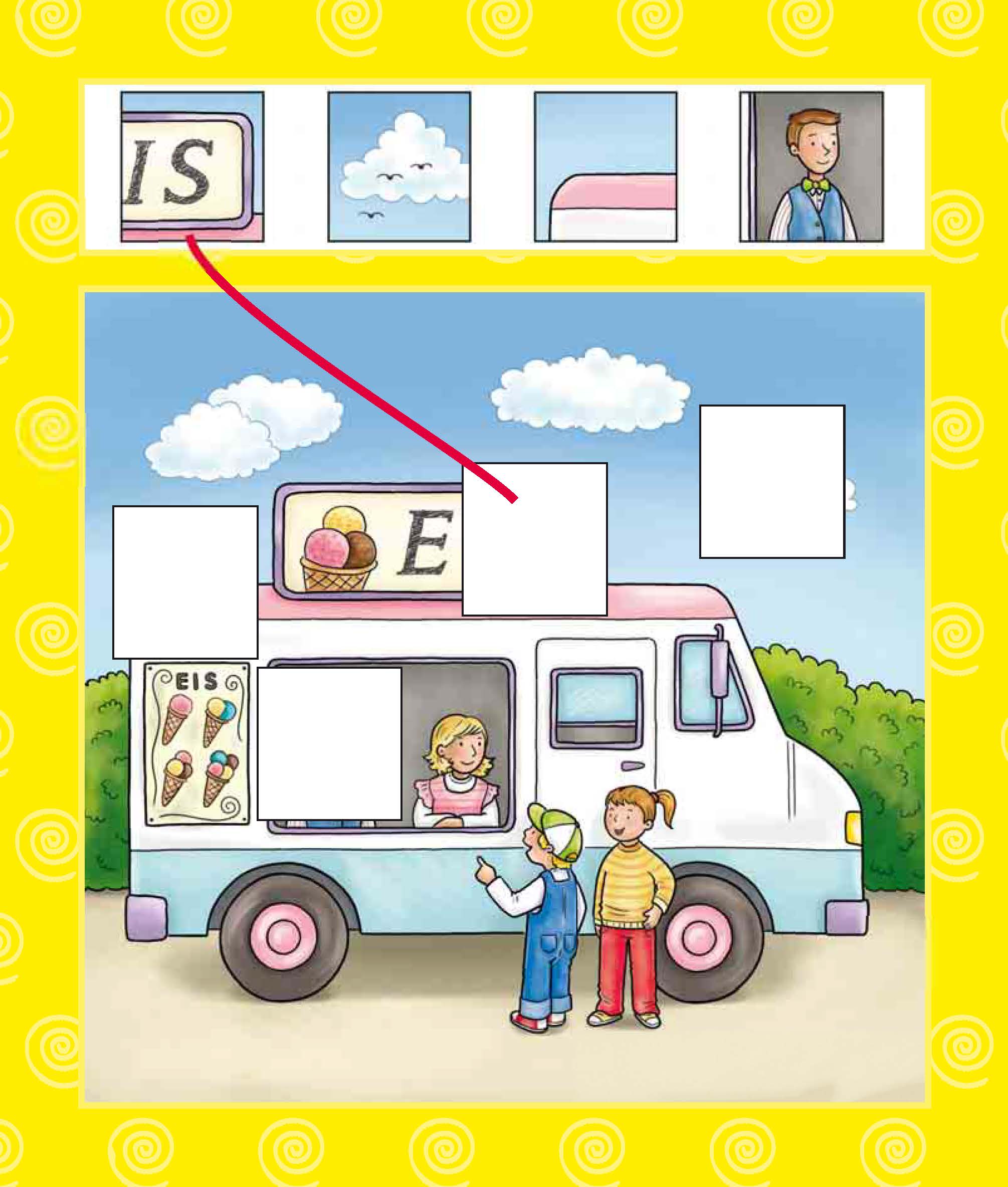 Ein Eiswagen mit einem Verkäufer, der zwei Kinder bedient; vier leere Felder auf dem Wagen entsprechen den Bildern oben, darunter eine Wolke, ein Bett, ein Mann und ein Teil des Wagens mit IS.