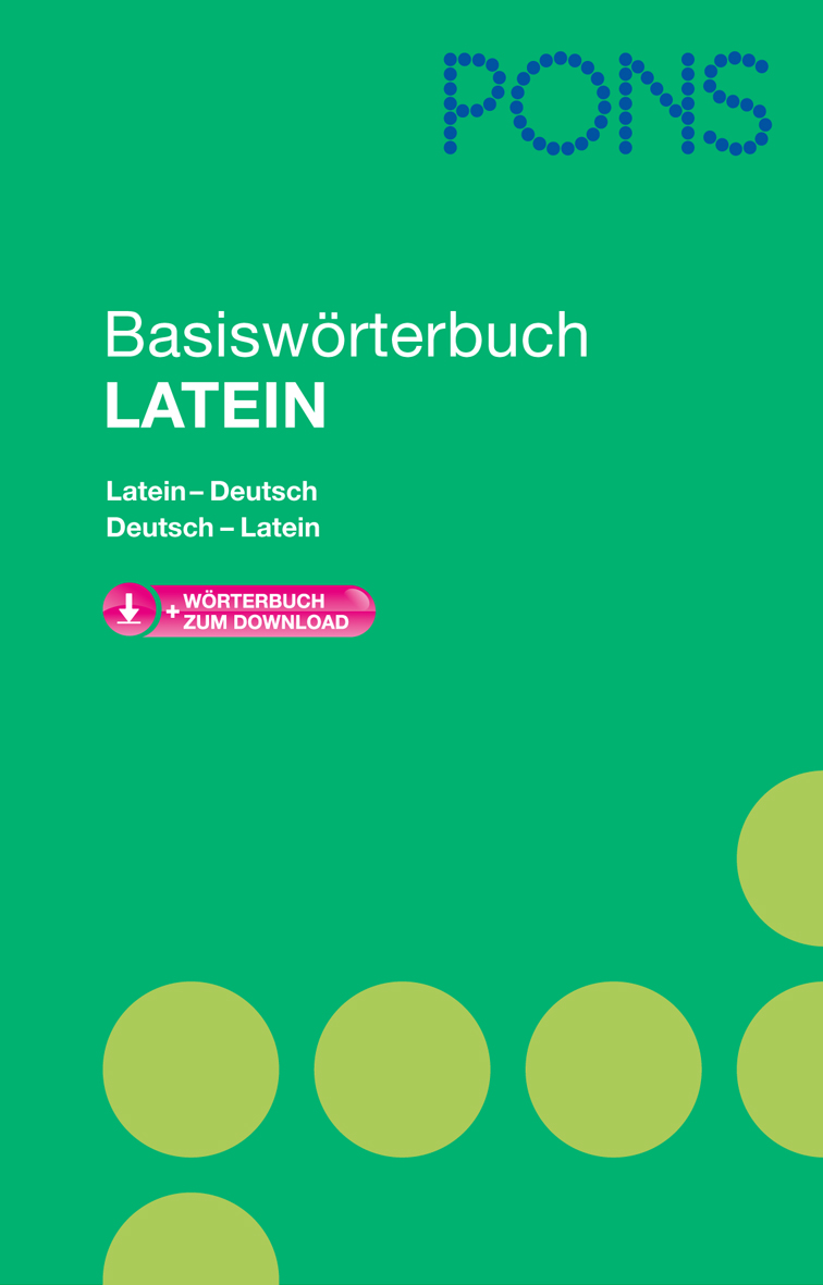 Umschlag des Buches PONS Basiswörterbuch Latein, grüner Hintergrund mit Kreismustern und Text in Weiß und Blau.