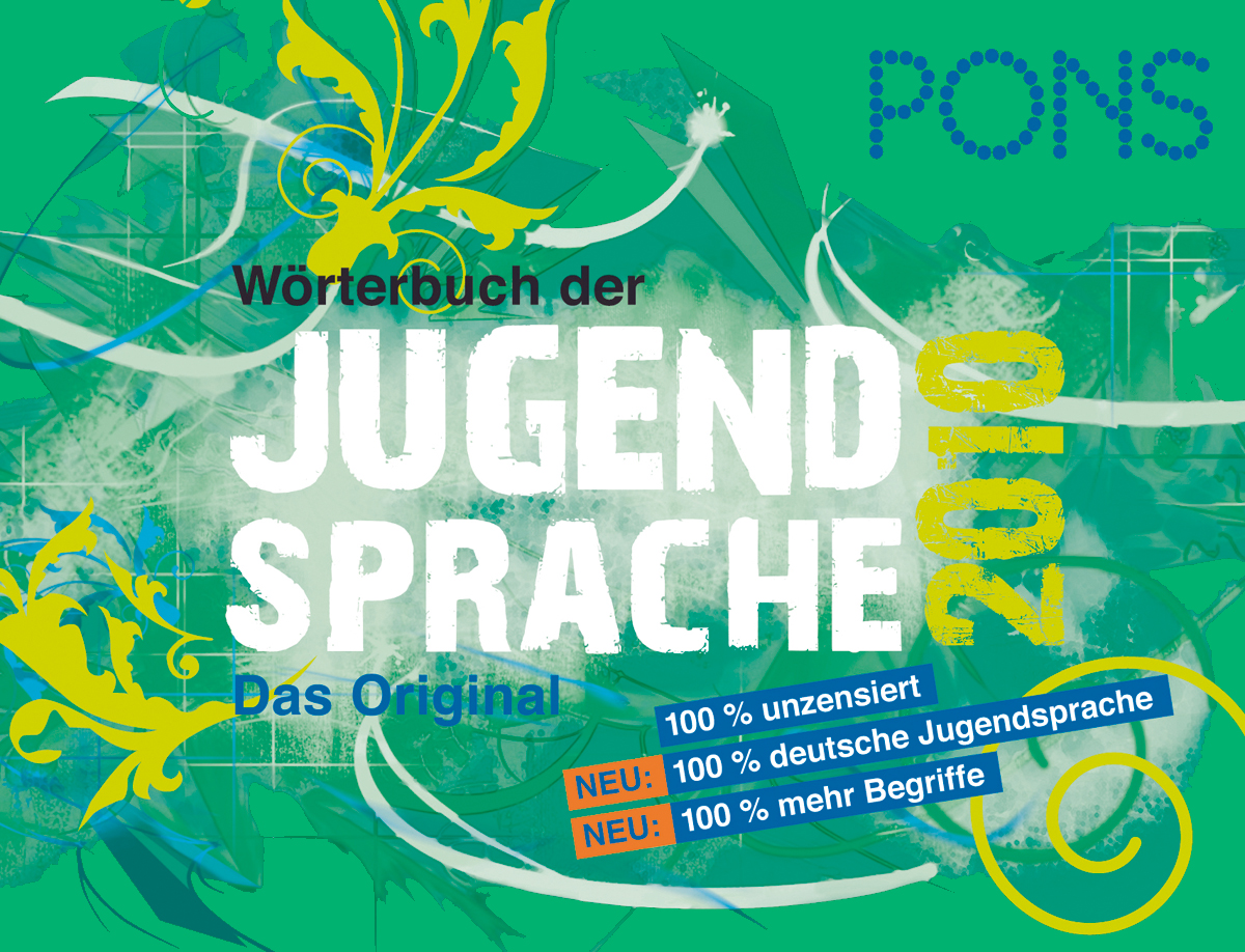 PONS Wörterbuch der Jugendsprache 2010 Cover des PONS Wörterbuchs der Jugendsprache 2010 mit farbenfrohen abstrakten Grafiken und Werbetext auf Deutsch.