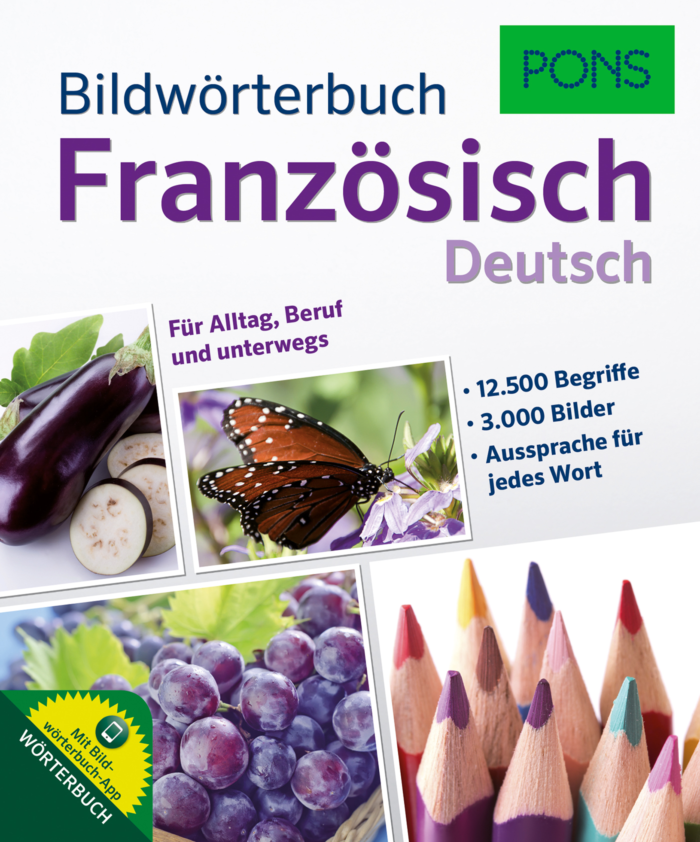 Umschlag eines deutsch-französischen Bildwörterbuchs mit Buntstiften, einem Schmetterling auf einer Blume, Früchten und informativem Text zu Wortschatz, Bildern und Aussprache.