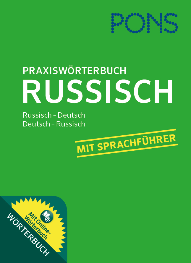 Grüner Einband des PONS Praxiswörterbuchs Russisch-Deutsch/Deutsch-Russisch mit Sprachführer, fett gedruckt und gelb unterlegt.