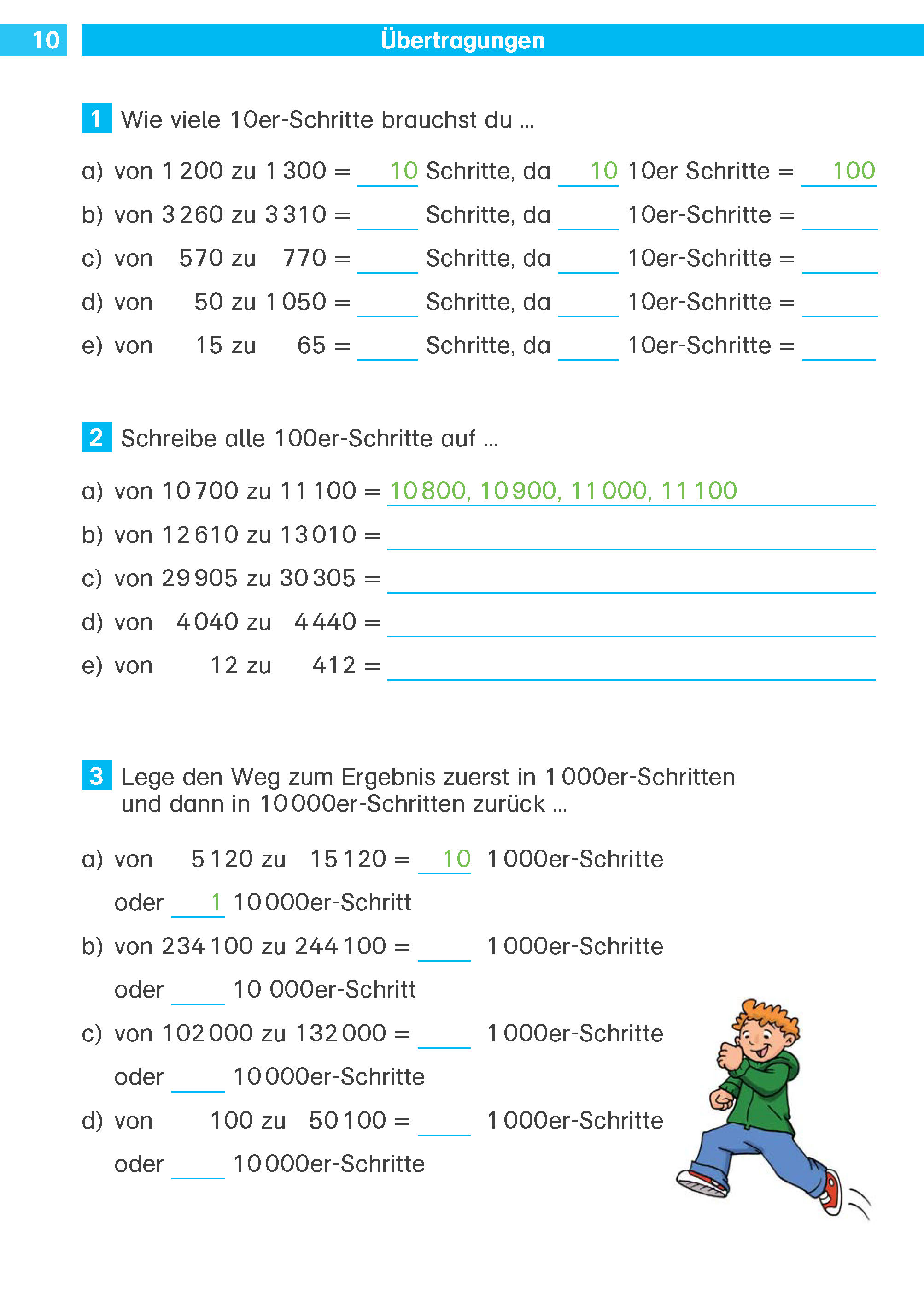 Klett Die Mathe-Helden: Rechnen bis 1 Million,  4. Klasse Ein deutsches Mathe-Arbeitsblatt mit Übungen zum Zählen in 10er- und 1000er-Schritten, mit einem Cartoon-Kind, das in der unteren rechten Ecke läuft. Blaue und grüne Hervorhebungen werden überall verwendet.