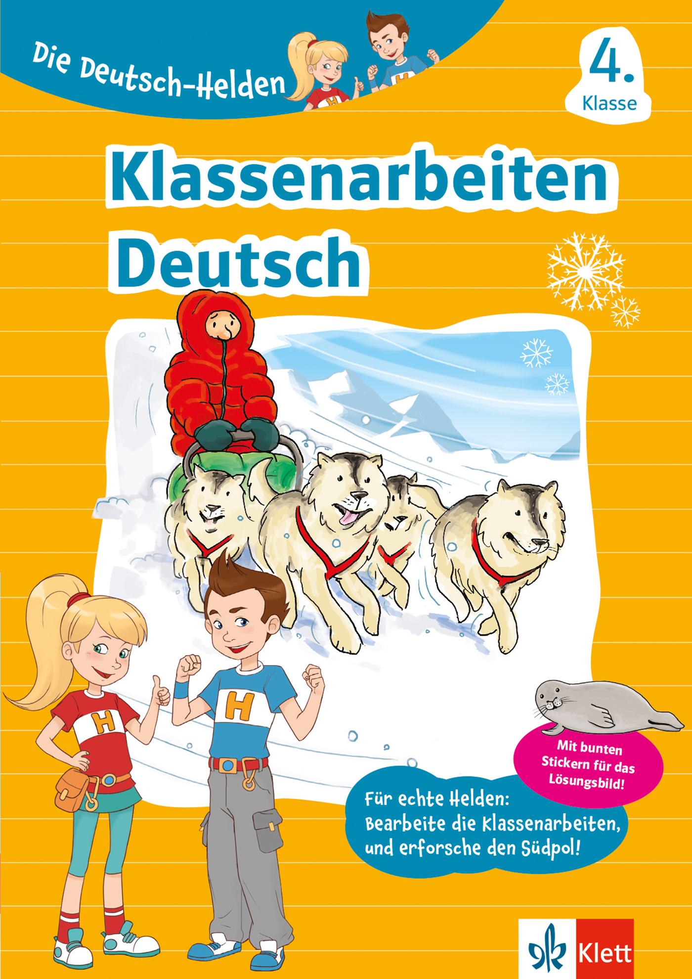 Klett Die Deutsch-Helden: Klassenarbeiten Deutsch 4. Klasse Umschlag eines Deutscharbeitsheftes für die 4. Klasse mit dem Titel Klassenarbeiten Deutsch, mit Cartoon-Figuren, einem Schlittengespann aus Huskys und winterlichen Grafiken.