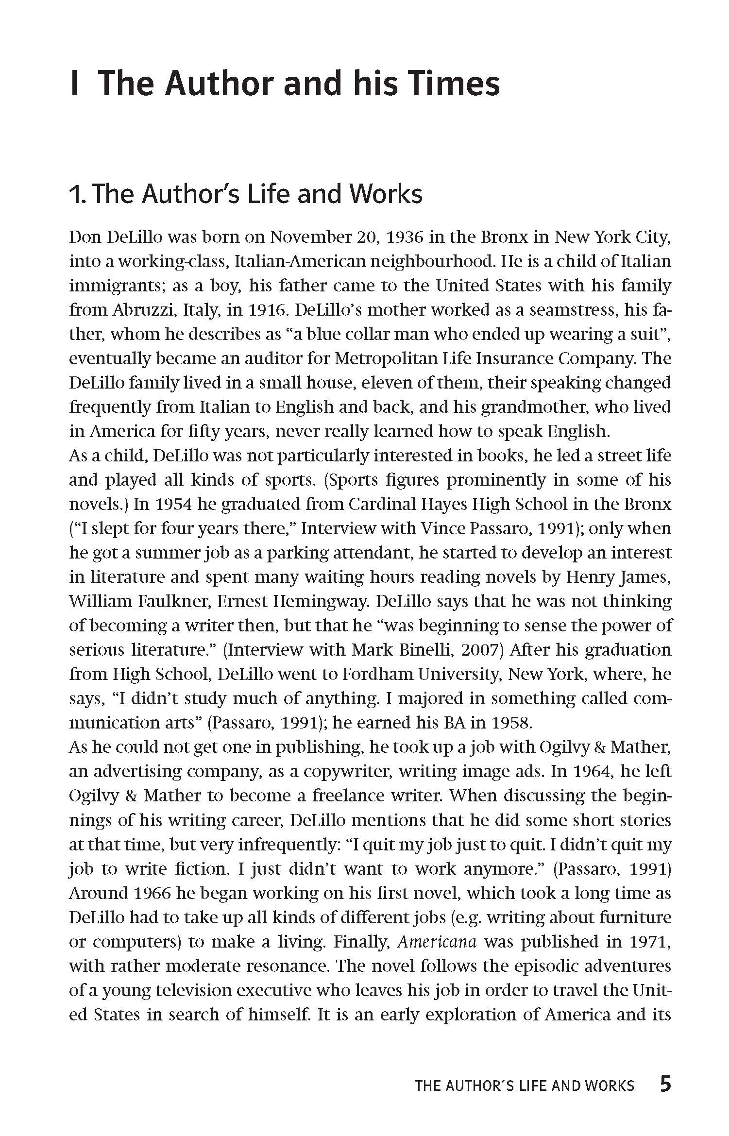 Auf einer Buchseite mit dem Titel Der Autor und seine Zeit werden Don DeLillos frühes Leben, sein familiärer Hintergrund und seine Erfahrungen als Kind italienischer Einwanderer beschrieben.