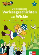 Der Einband zeigt ein Wikinger-Kind, Wickie, das von jubelnden Menschen in die Luft geworfen wird, mit Bäumen und blauem Himmel im Hintergrund. Der Text ist auf Deutsch.