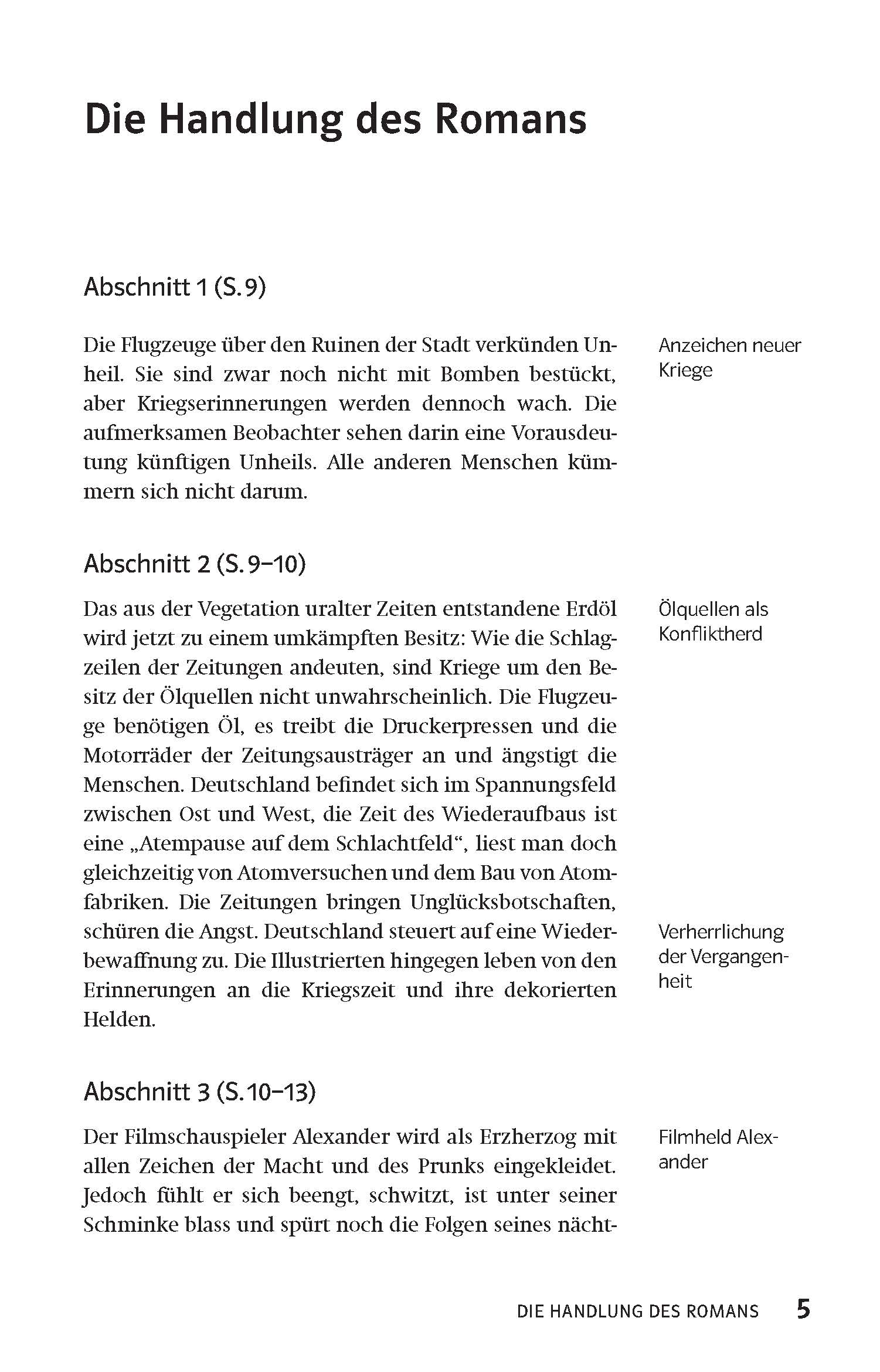 Eine Seite aus einem deutschen Buch zeigt die Überschrift Die Handlung des Römers mit drei zusammengefassten Abschnitten und Randbemerkungen, die die Themen Krieg, Öl und Prophezeiungen in der Geschichte behandeln.