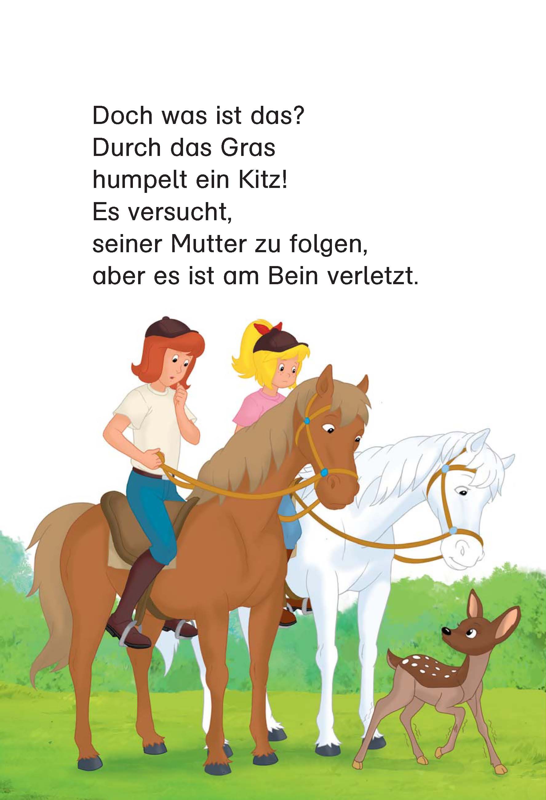 Zwei Kinder auf Pferden beobachten ein Rehkitz mit einem verletzten Bein, das im Gras steht. Darüber erscheint ein Text in deutscher Sprache, der die Szene beschreibt.