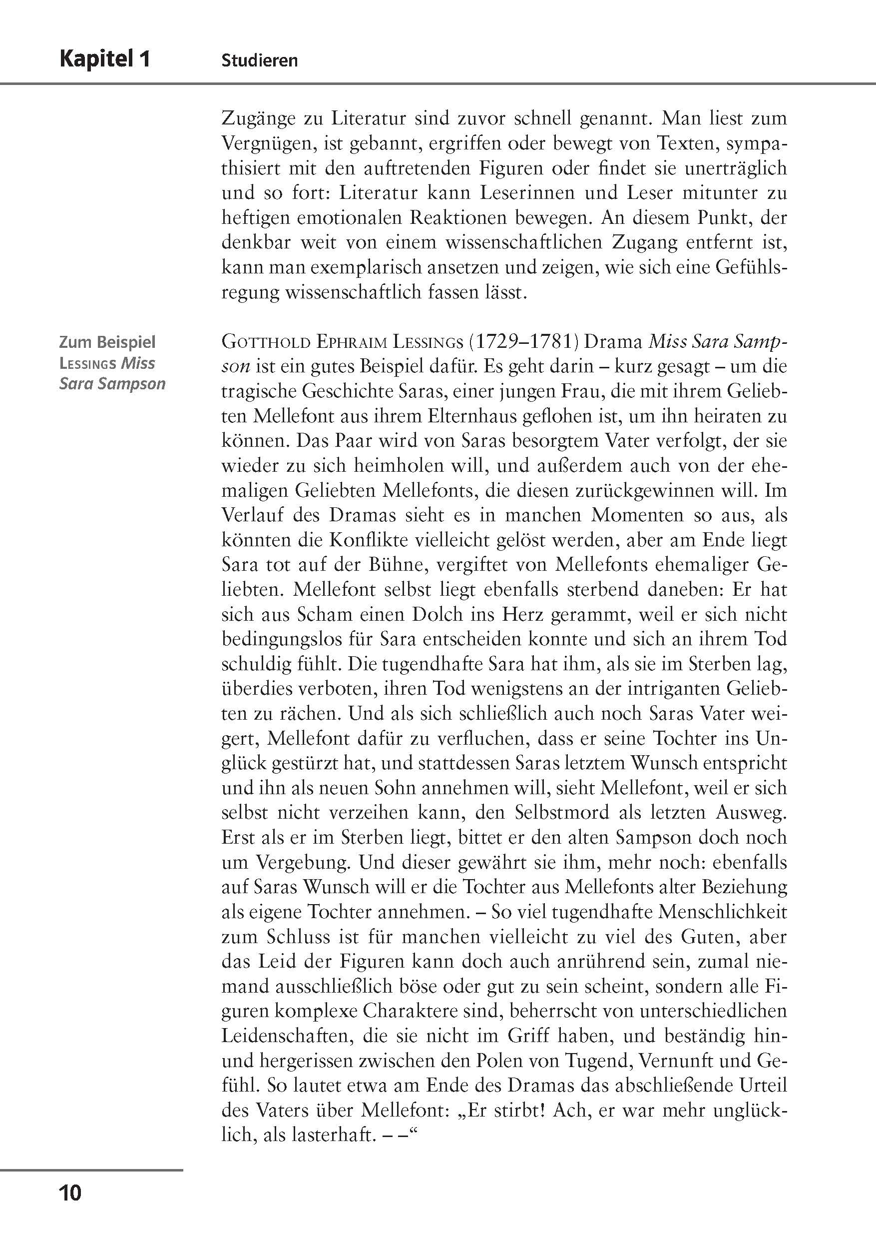 Auf einer Lehrbuchseite in deutscher Sprache werden literarische Ansätze erörtert, wobei Gotthold Ephraim Lessing und sein Werk Miss Sara Sampson erwähnt werden, mit einem hervorgehobenen Abschnitt am linken Rand.