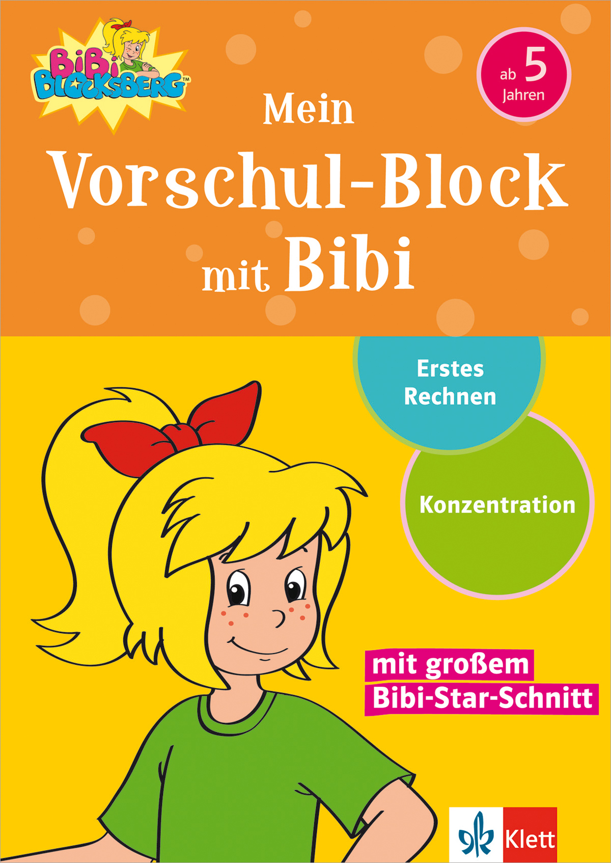 Buntes Cover eines deutschen Kinderbuchs mit dem Titel Mein Vorschul-Block mit Bibi, das ein illustriertes Mädchen mit blondem Haar und Text für Kinder ab 5 Jahren zeigt.