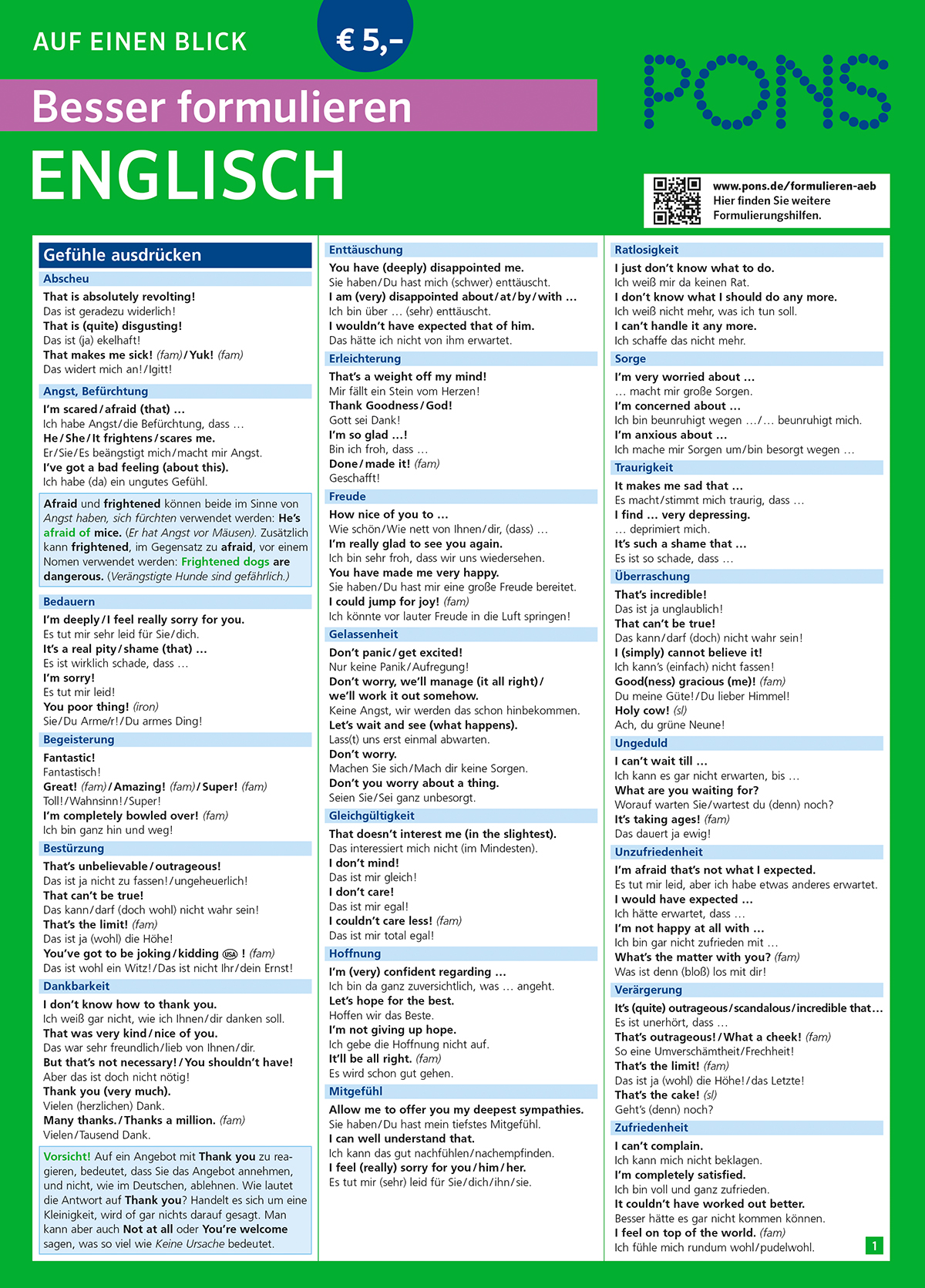 Eine Referenztabelle mit englischen Redewendungen für den Ausdruck von Gefühlen, Entschuldigungen, Beruhigung, Entspannung, Sorge, Überraschung, Aufregung, Glück, Bestürzung und Trost, mit deutschen Übersetzungen.
