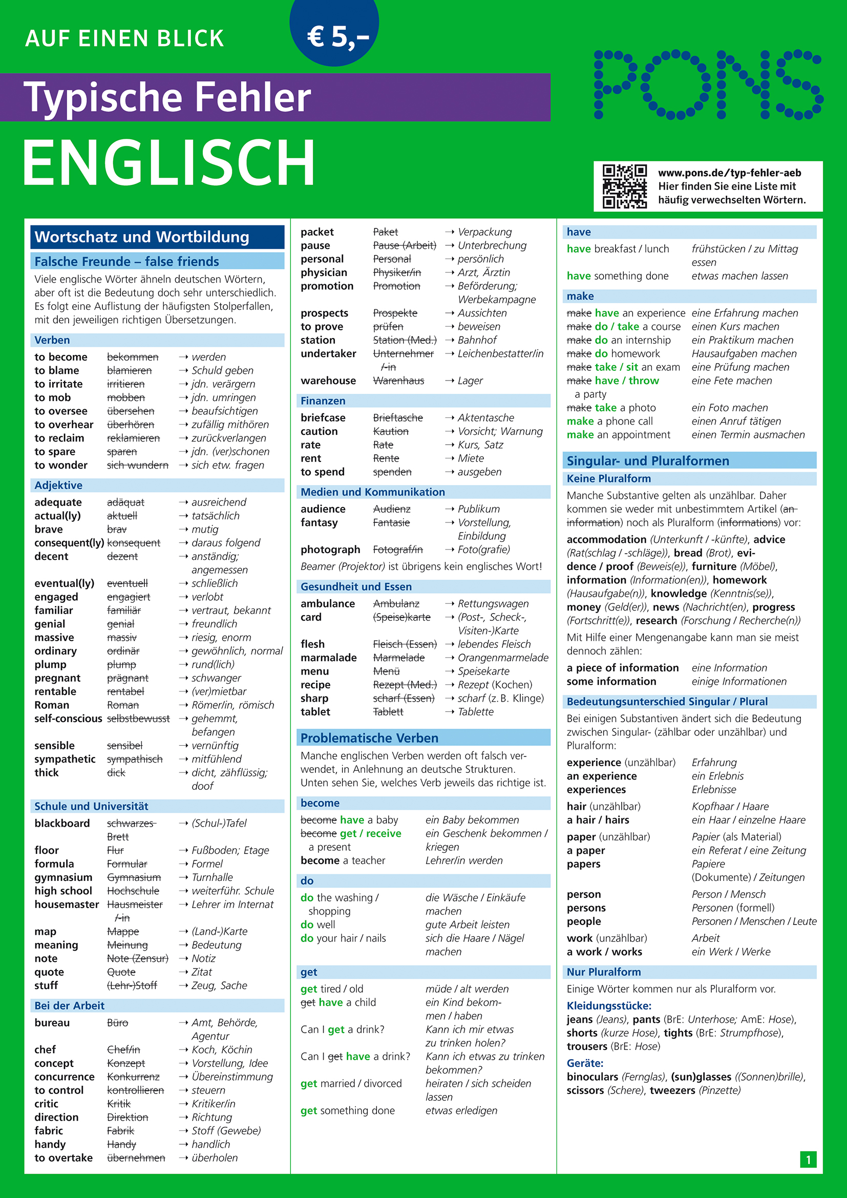 Eine Referenztabelle mit dem Titel Typische Fehler Englisch listet häufige Fehler in der englischen Sprache auf, einschließlich Vokabeln, Grammatik, Präpositionen und typische deutsch-englische falsche Freunde.