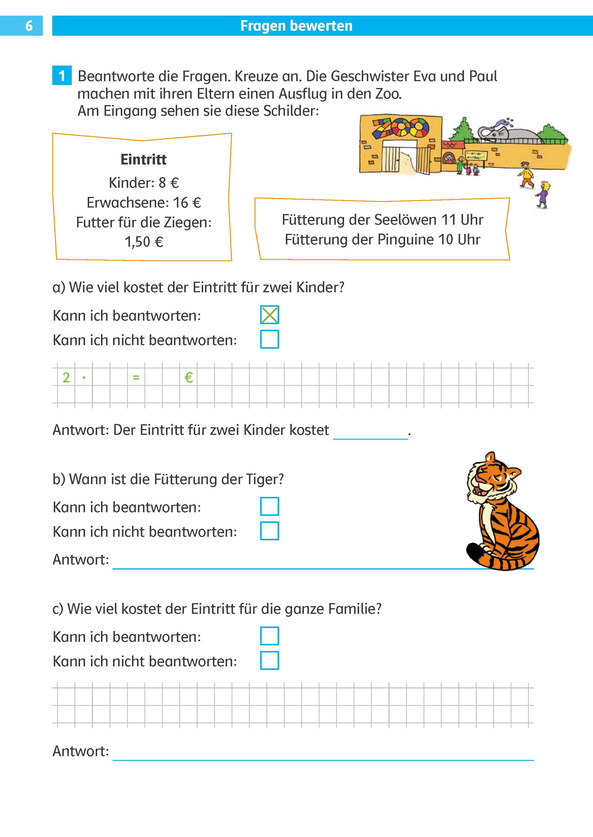 Ein deutschsprachiges Arbeitsblatt für Kinder mit Eintrittspreisen für den Zoo, Fütterungszeiten und Mathefragen zu den Eintrittspreisen. Mit Tierillustrationen und Antwortfeldern.