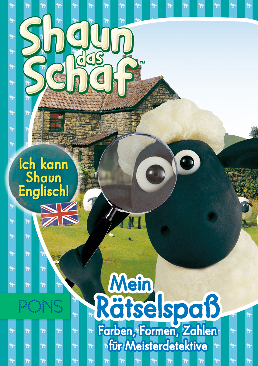 PONS Ich kann Shaun Englisch! - Shaun das Schaf - Mein Rätselspaß Umschlag eines deutschen Shaun-das-Schaf-Puzzlebuchs mit Shaun, der eine Lupe hält, und einem Text, der das Erlernen der englischen Sprache und detektivische Aktivitäten für Kinder fördert.