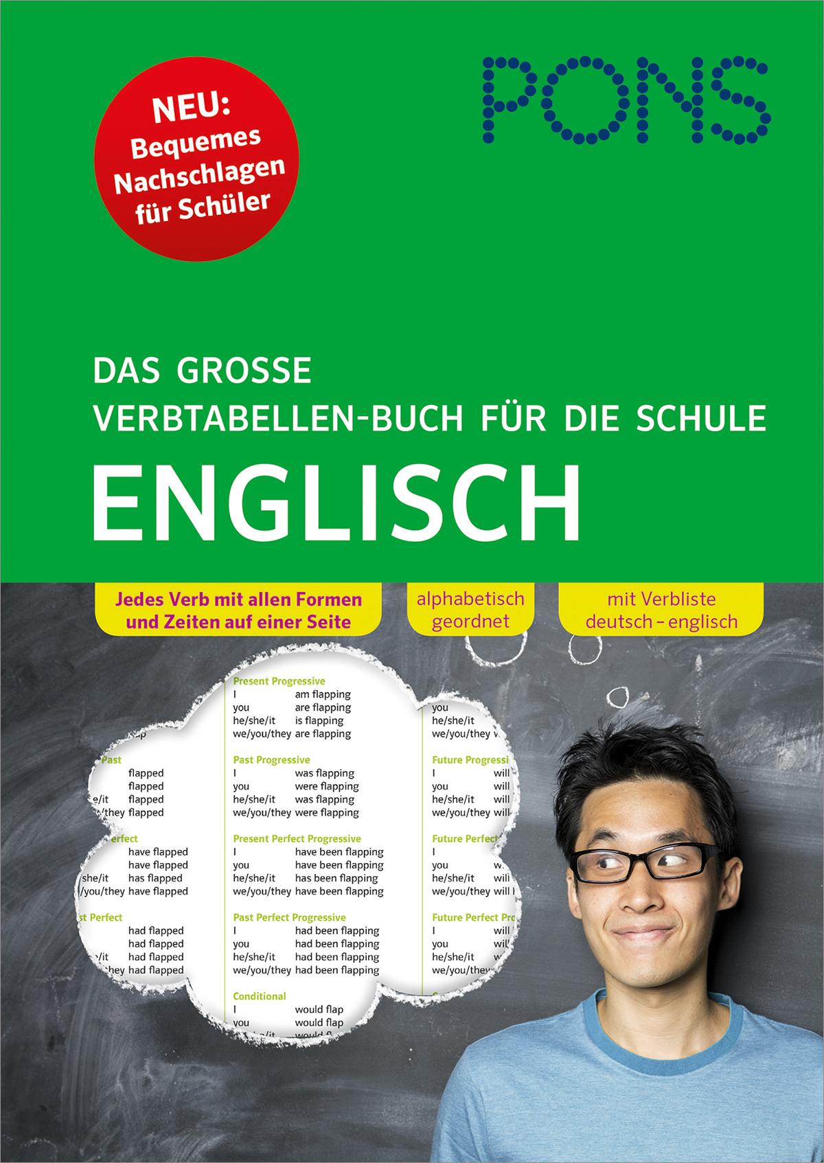 Buchumschlag von PONS Das große Verbtabellen-Buch für die Schule Englisch mit einem jungen Mann mit Brille und bunten Grafiken von Verben.