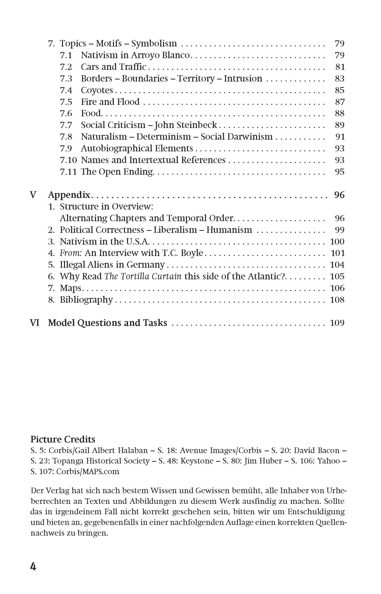 Inhaltsverzeichnis mit Auflistung der Themen, Abschnitte im Anhang, Musterfragen, Aufgaben und Bildnachweise mit entsprechenden Seitenzahlen und Quellenangaben.