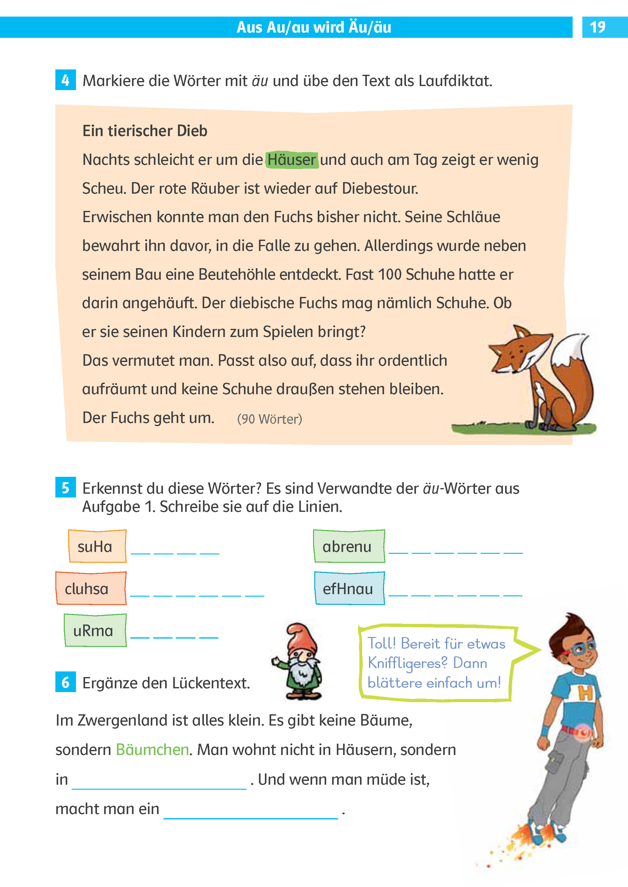 Eine deutschsprachige Arbeitsbuchseite mit Übungen zum Au-Laut, einschließlich einer kurzen Geschichte über einen Fuchs, Aufgaben zum Ausfüllen und Zuordnen sowie Cartoon-Tierillustrationen.