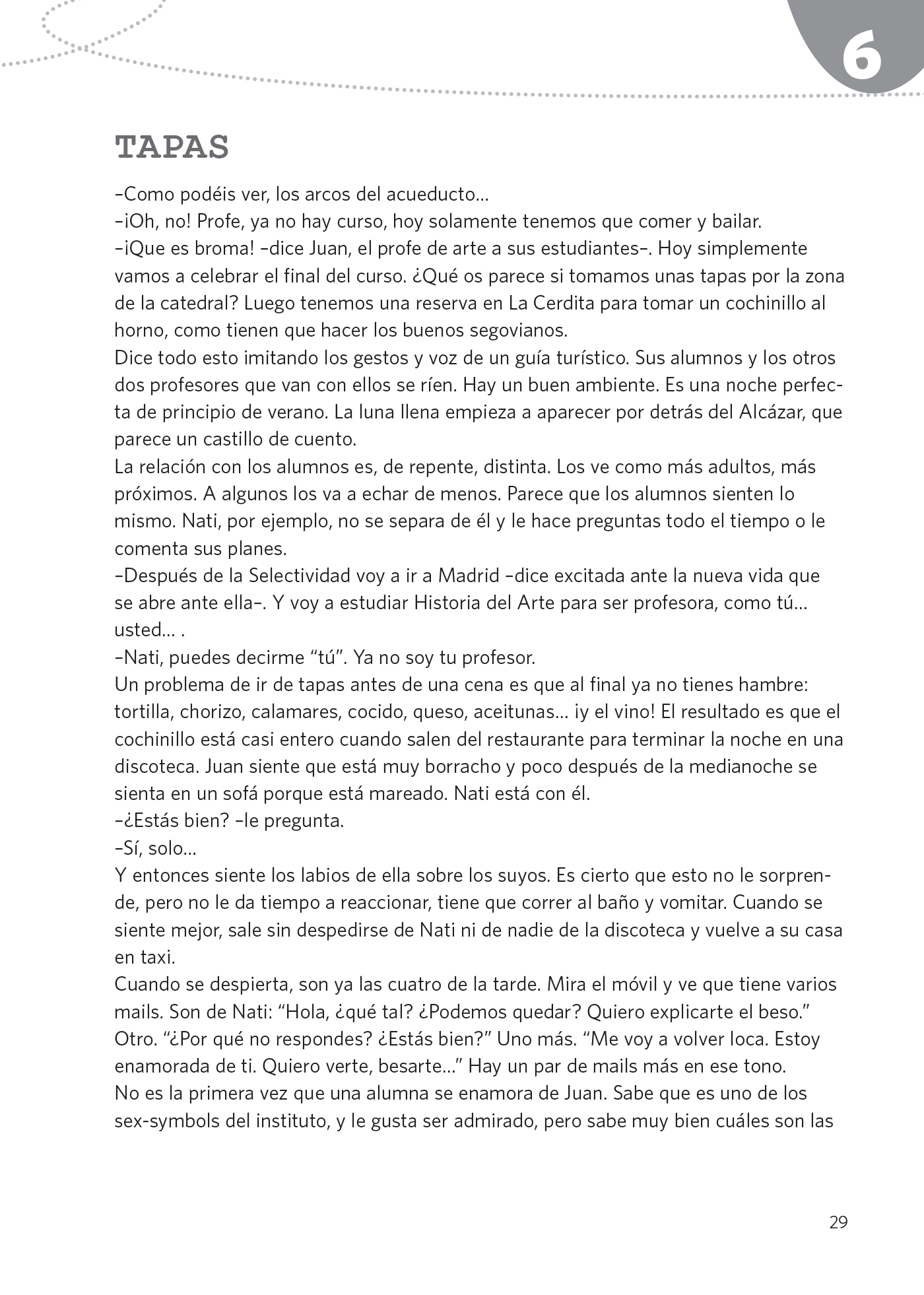 Eine Seite aus einem spanischen Schulbuch zeigt einen Dialog über das Essen von Tapas und das Feiern des Schuljahresendes, mit dekorativem Text und einer Überschrift mit der Aufschrift TAPAS am oberen Rand.