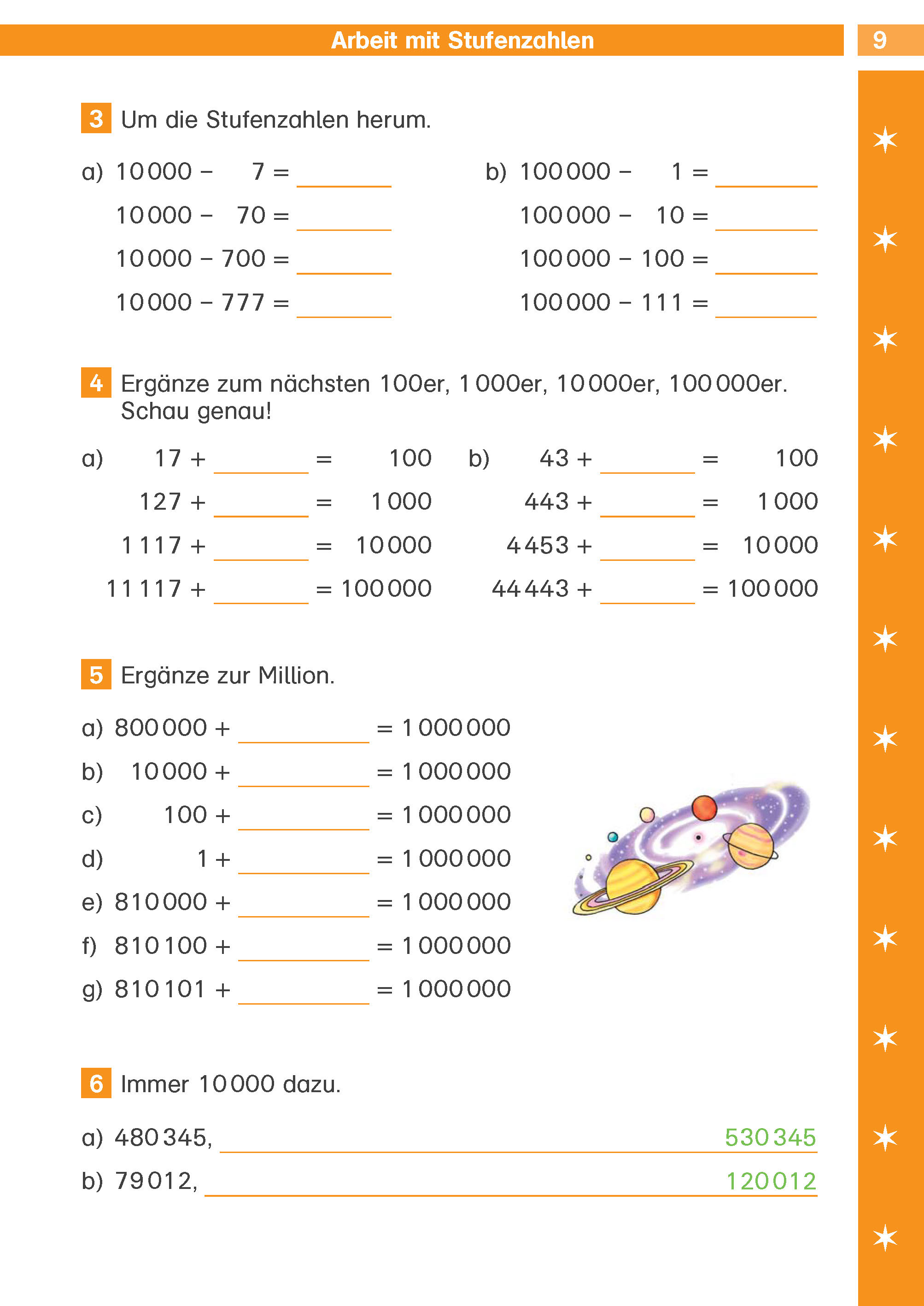 Klett Die Mathe-Helden: Rechnen bis 1 Million,  4. Klasse Ein deutsches Mathe-Arbeitsblatt mit Übungen zu Schrittzahlen, Addition und Rundung, mit Illustrationen von Planeten und Sternen auf orangefarbenem Hintergrund.