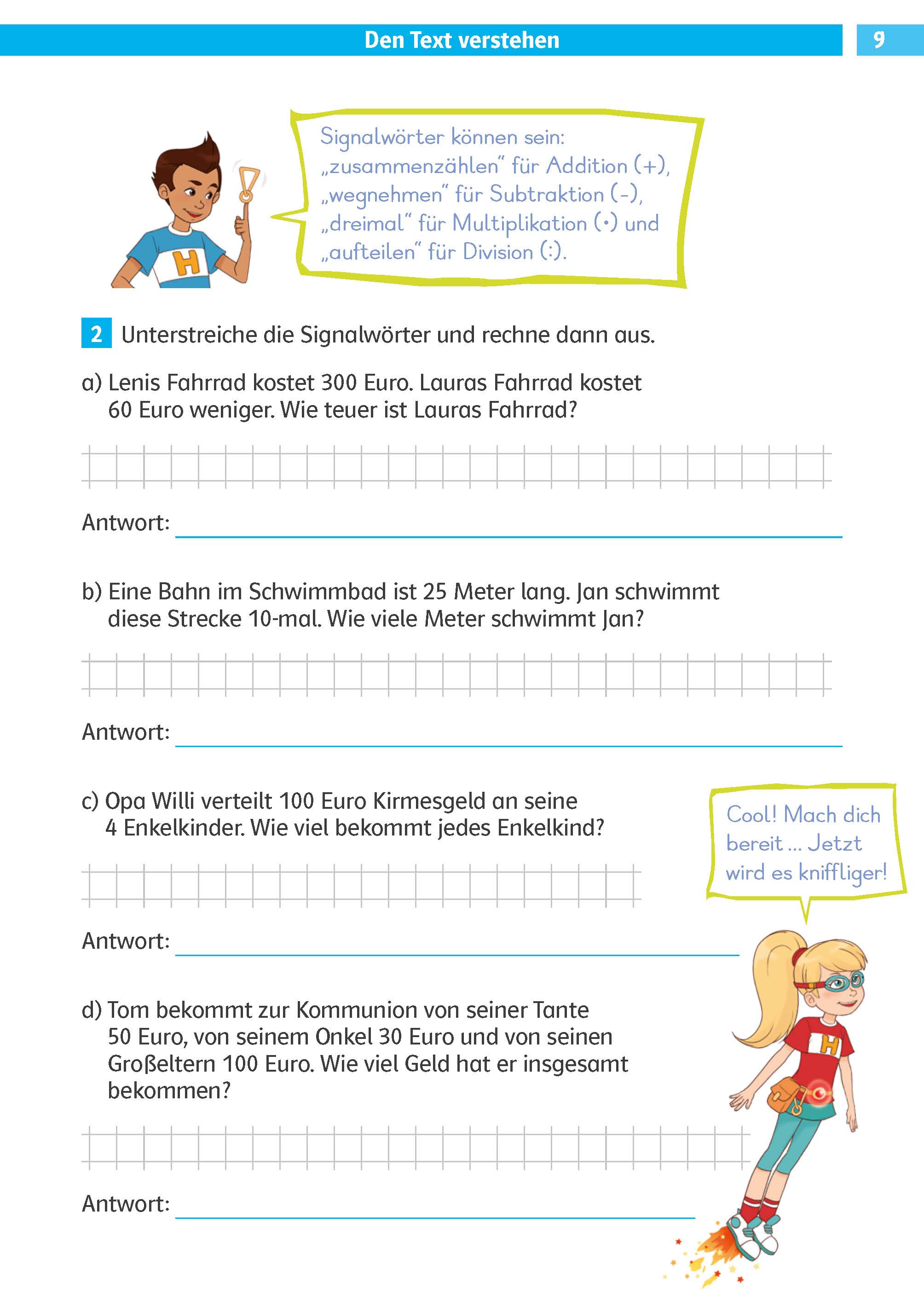 Ein deutsches Arbeitsblatt mit vier Mathe-Wortaufgaben, leeren Antwortfeldern und Cartoon-Illustrationen eines Mädchens mit Brille und eines springenden Mädchens mit einer Sprechblase.
