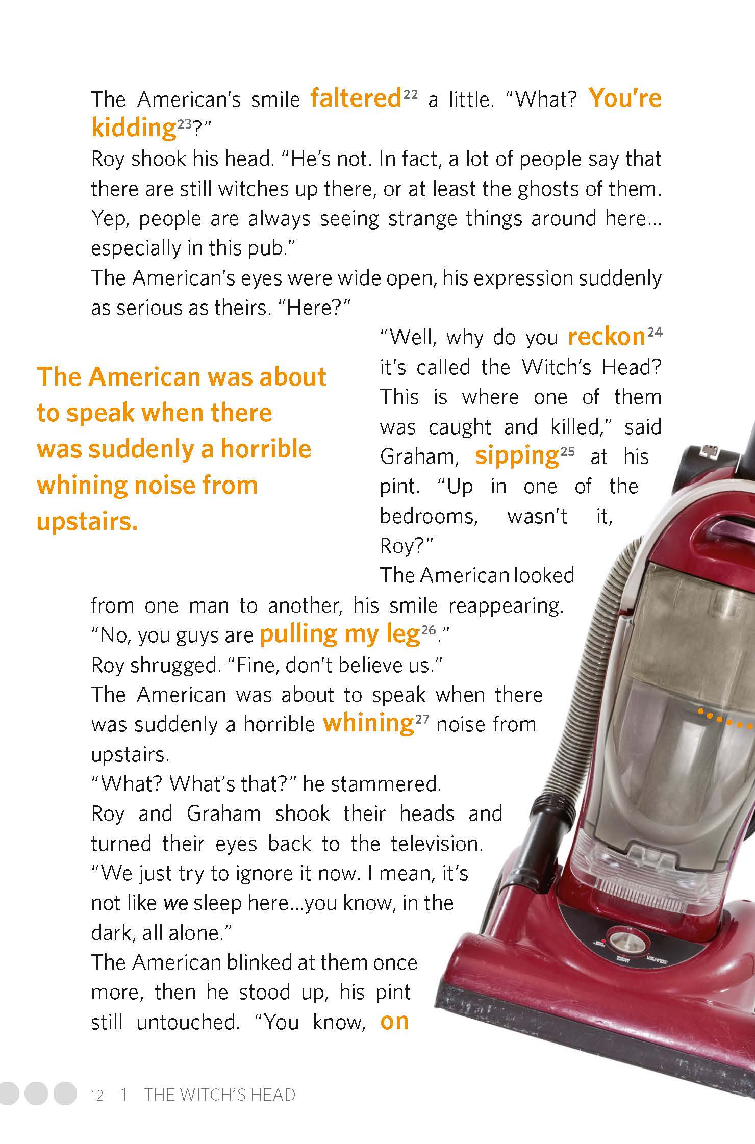 Eine Buchseite mit hervorgehobenen Wörtern und Ausdrücken wie Youre kidding, reckon, sipping und pulling my leg sowie einem gelben Text in der Seitenleiste, der auf ein furchtbares Jammern hinweist.