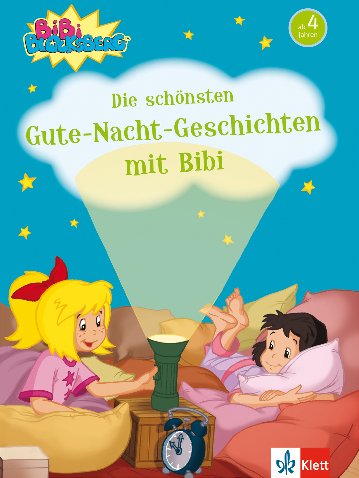 Illustrierter Bucheinband, der zwei Kinder im Bett zeigt, die einer Geschichte lauschen, mit dem Titel Die schönsten Gute-Nacht-Geschichten mit Bibi und einer grünen Lampe, die Sterne projiziert.