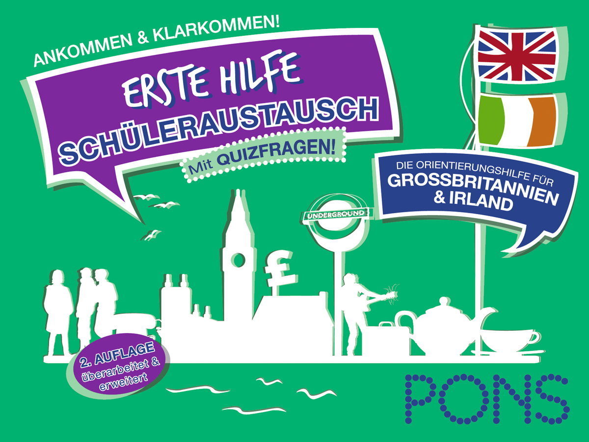 PONS ERSTE HILFE - Schüleraustausch GROSSBRITANNIEN & IRLAND Grün-weißes Buchcover mit Silhouette der Londoner Skyline, britischer und irischer Flagge und deutschem Text über einen Schüleraustauschführer für Großbritannien und Irland mit Quizfragen.