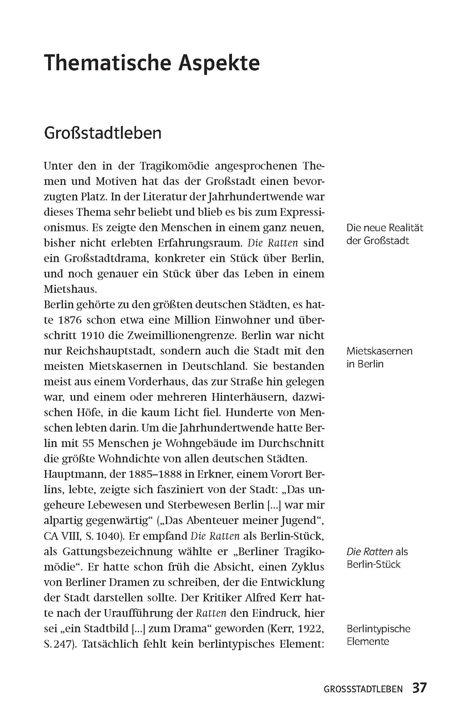 Eine deutsche Schulbuchseite mit dem Titel Thematische Aspekte mit Abschnitten über Großstadtleben, die das Leben in der Stadt, das Wachstum Berlins und seine Auswirkungen auf Kultur und Gesellschaft erörtern; mit Randnotizen.