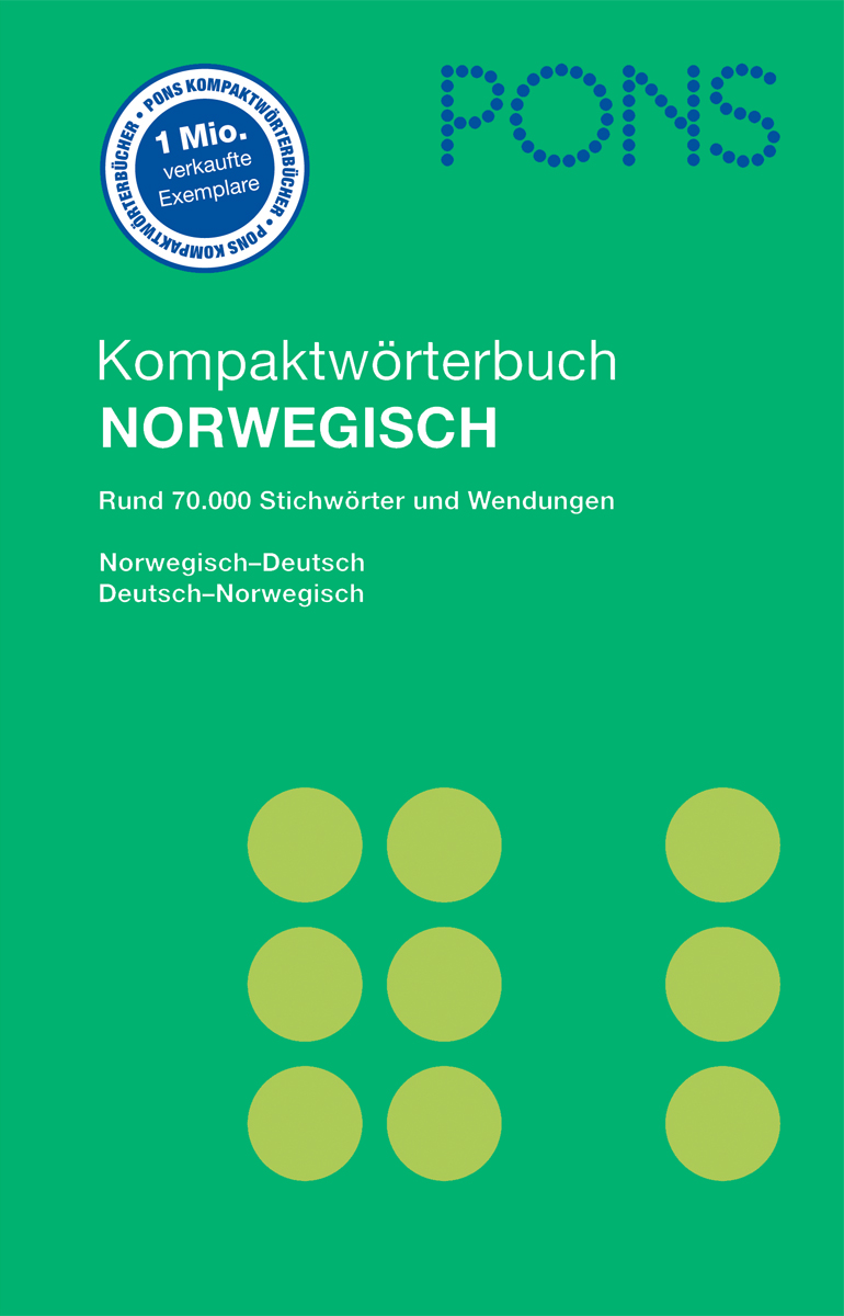PONS Kompaktwörterbuch Norwegisch Umschlag eines norwegisch-deutschen Kompaktwörterbuchs von PONS mit grünem Hintergrund, kreisförmigem gelben Muster und weißem und blauem Text, der den Inhalt und den Verkauf beschreibt.