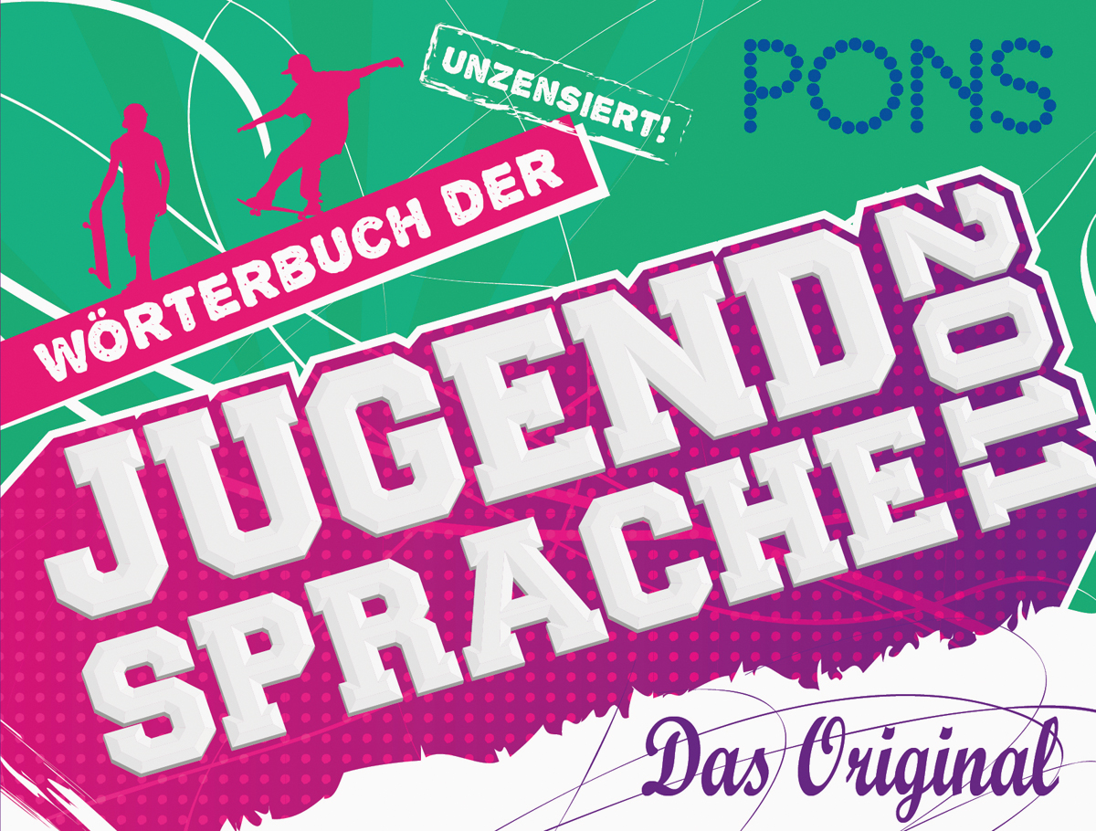 Umschlag eines deutschen Wörterbuchs mit dem Titel Wörterbuch der Jugendsprache 2021 von PONS, mit leuchtenden Farben, Silhouetten und fettgedrucktem Text.