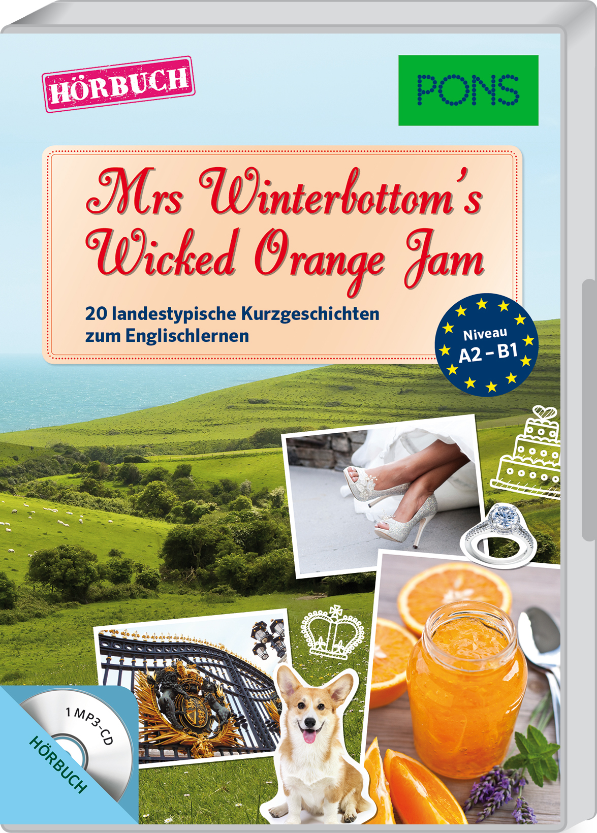 Das Cover des Hörbuchs Mrs Winterbottom's Wicked Orange Jam zeigt Bilder von Orangenmarmelade, einem Corgi, einem Teeservice, Stöckelschuhen und der britischen Landschaft; der Text weist darauf hin, dass es für Englischlerner gedacht ist.