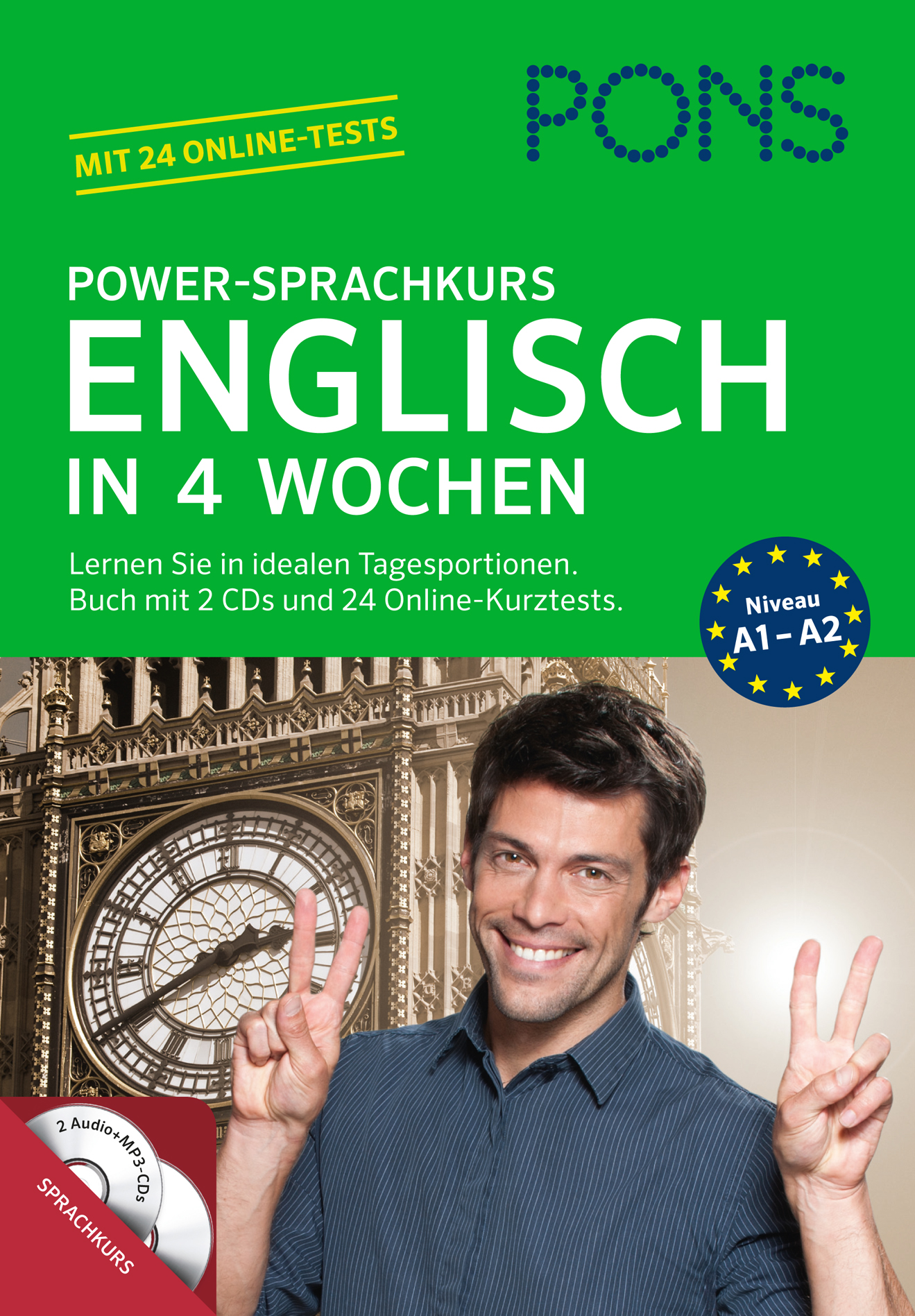Ein Mann lächelt und macht mit beiden Händen ein Friedenszeichen vor dem Big Ben; das Buchcover wirbt für einen 4-wöchigen Englischkurs mit CDs und Online-Tests, Niveau A1-A2.