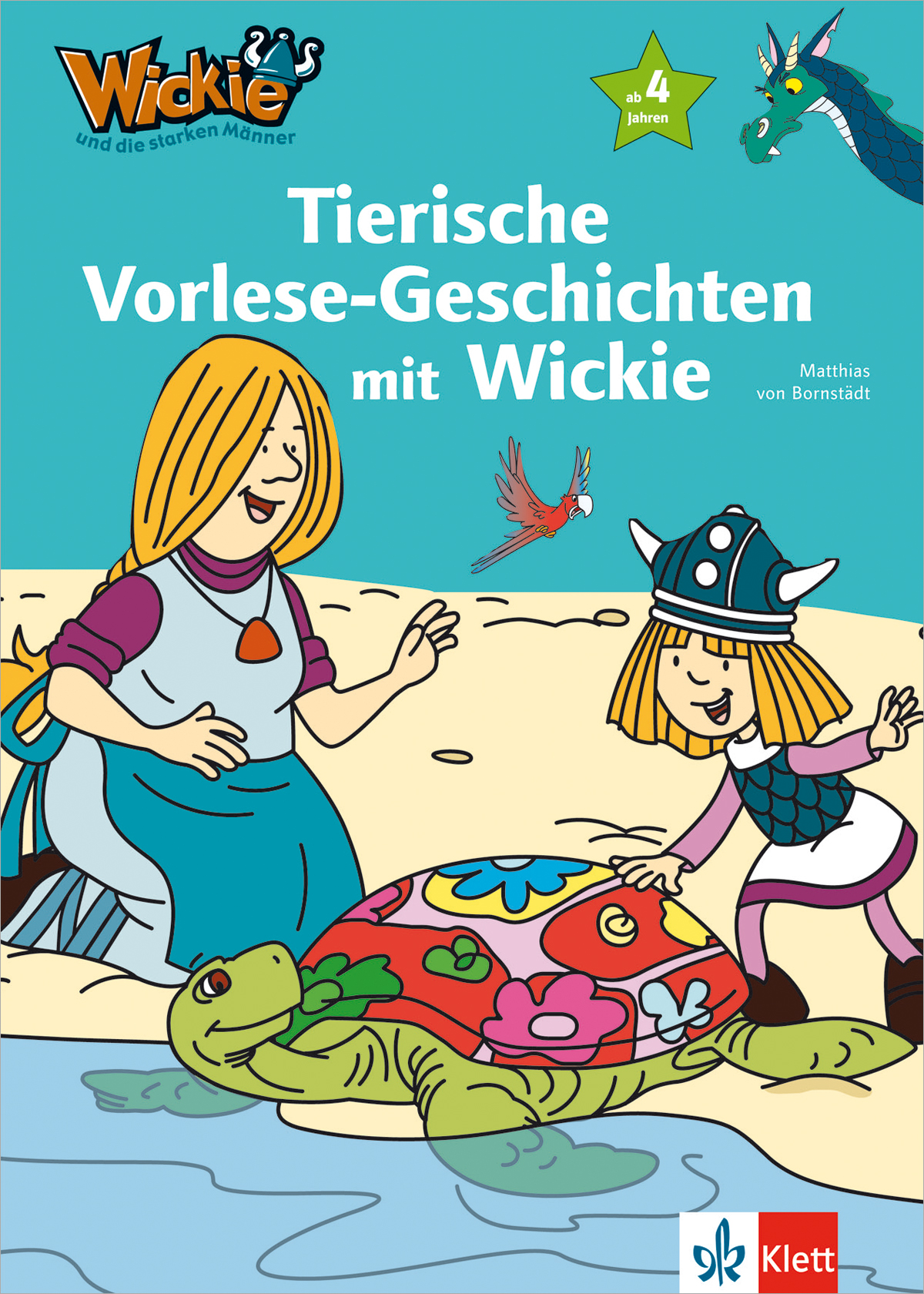 Wickie und die starken Männer - Tierische Vorlese-Geschichten mit Wickie Zwei Zeichentrickfiguren, eine Frau und ein Kind in Wikingerkleidung, knien an einem See und streicheln eine große Schildkröte; ein Vogel fliegt über ihnen. Der Umschlagtext ist in deutscher Sprache.