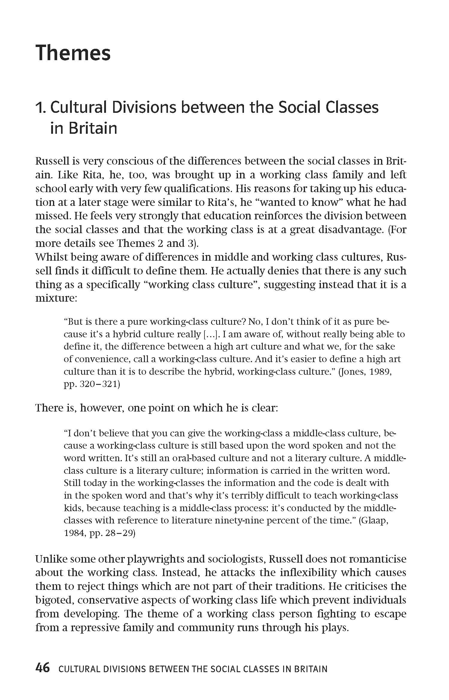 Eine Lehrbuchseite, die sich mit den kulturellen Unterschieden zwischen den sozialen Klassen in Großbritannien befasst und ein Zitat, eine Analyse und einen Kommentar zu den Auswirkungen der Klasse auf Kultur und Bildung enthält.