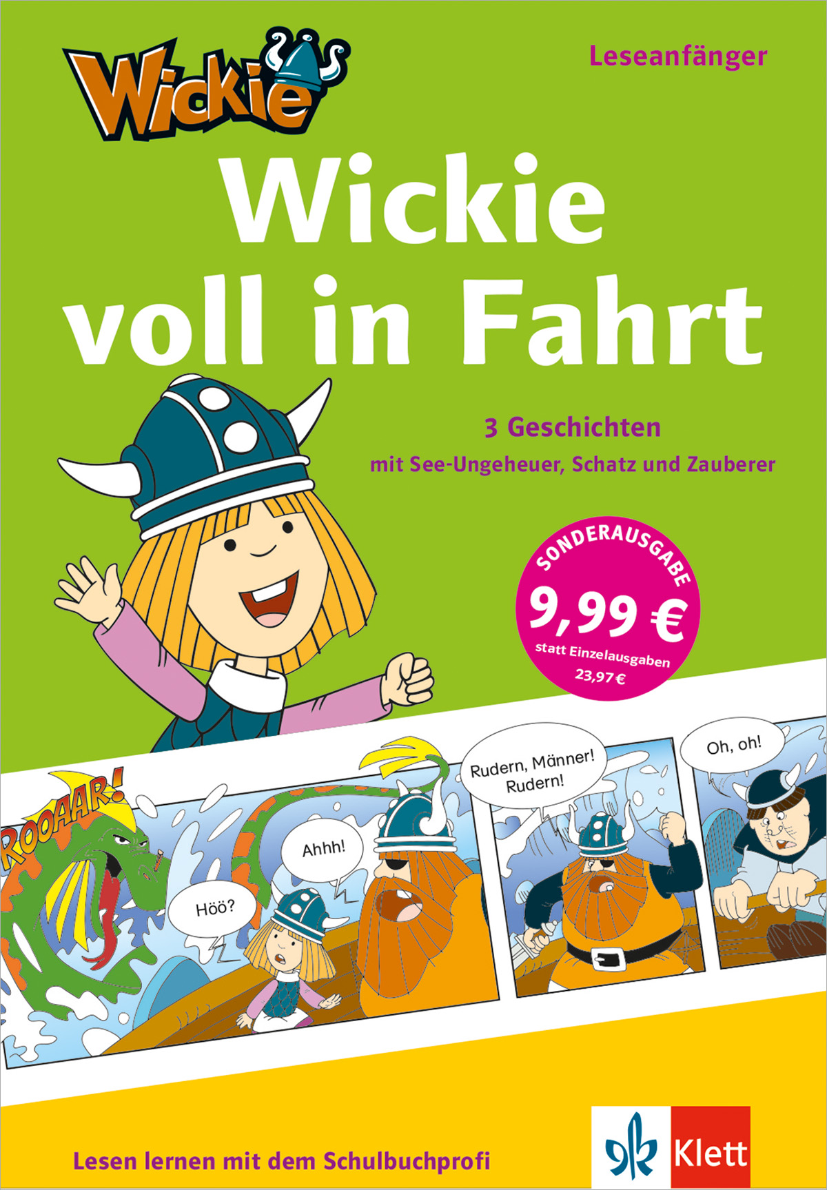 Cover des Kinderbuchs Wickie voll in Fahrt mit illustrierten Figuren, einer Bootsszene und einem Preisaufkleber, der auf 3 Geschichten für 9,99 € hinweist.