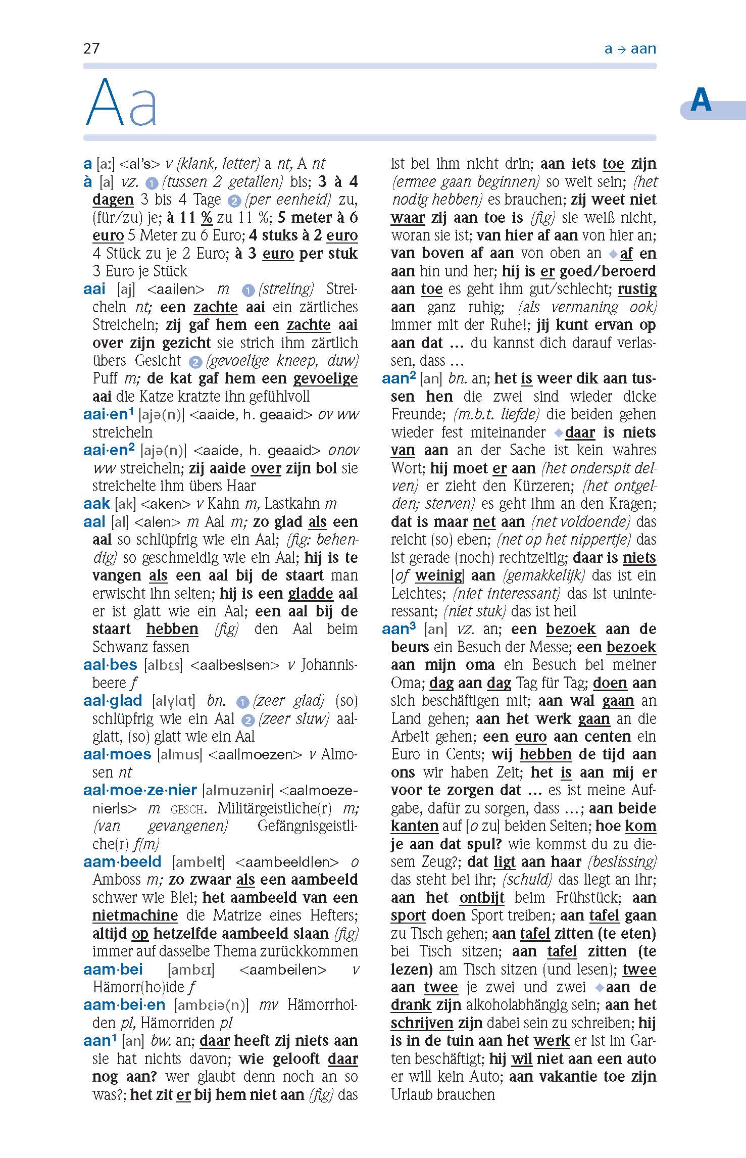Eine Wörterbuchseite mit Einträgen für Wörter, die mit Aa beginnen, einschließlich Definitionen, Aussprachen und Beispielsätzen auf Niederländisch. Der Text ist in Spalten formatiert und enthält einige fettgedruckte Überschriften.